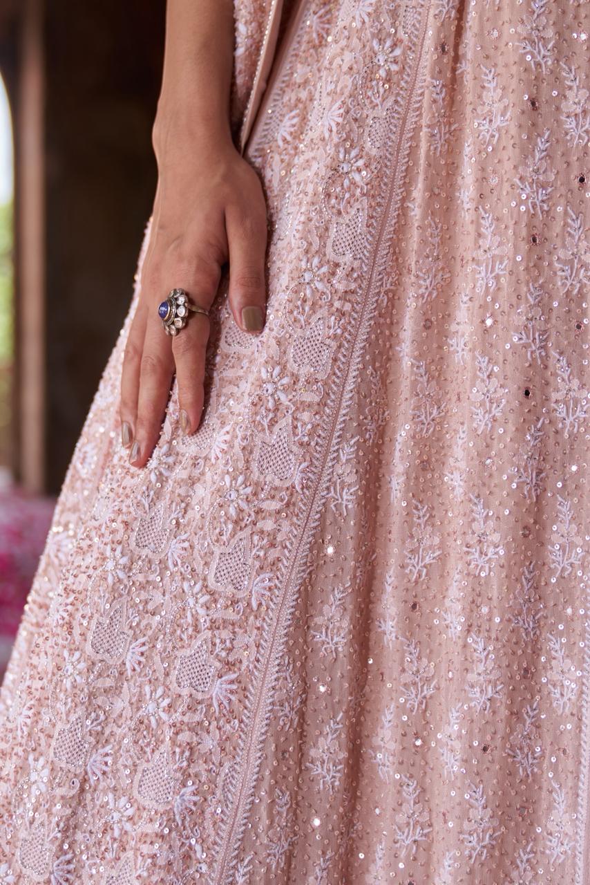 Peach ek-taar georgette chikankari lehenga