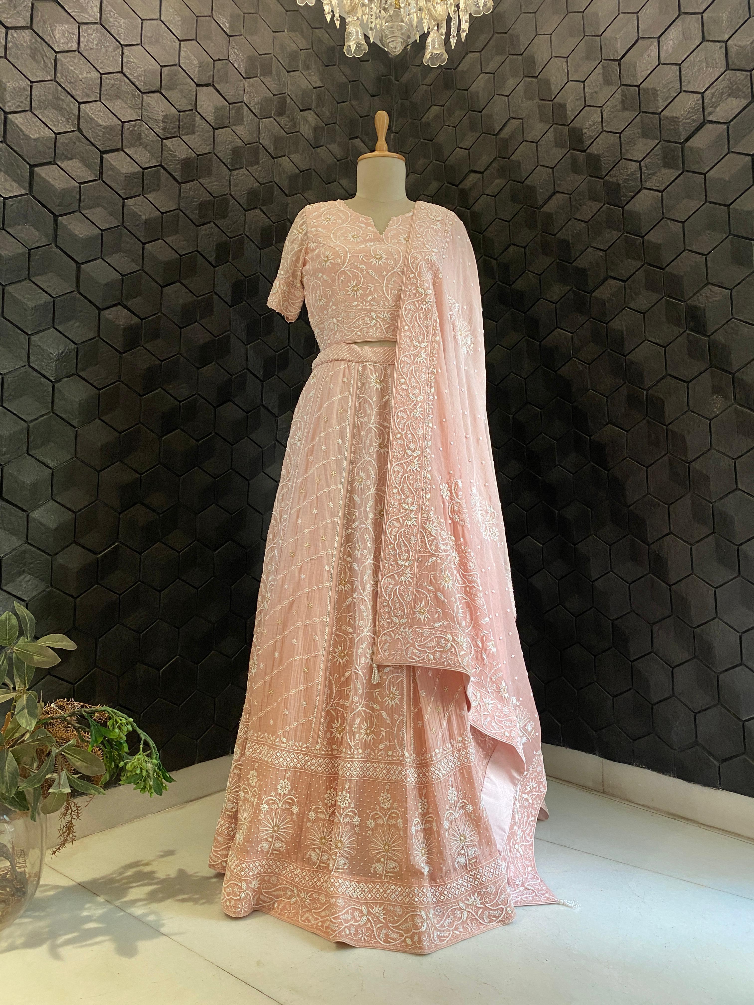 Pink Ombre Mul Chanderi Chikankari Lehenga Set