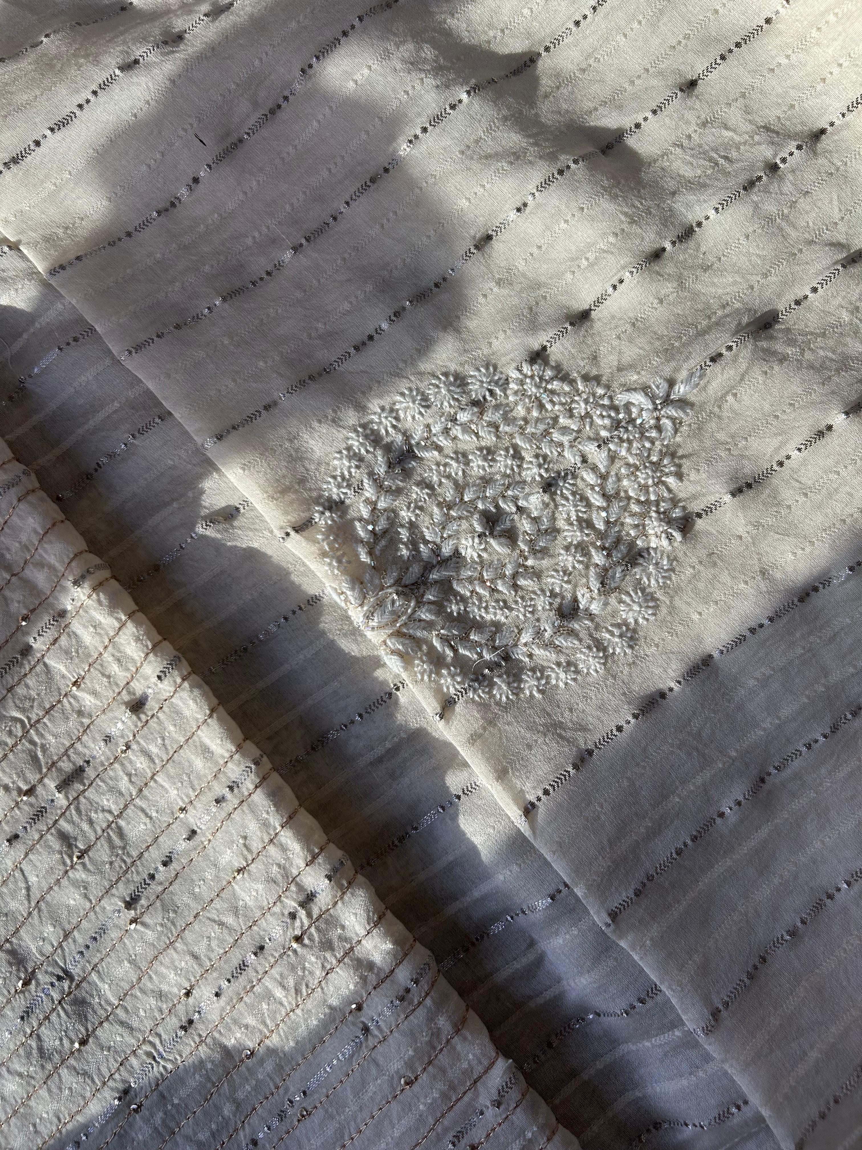 Beige Chanderi Chikankari Striped Mens Kurta