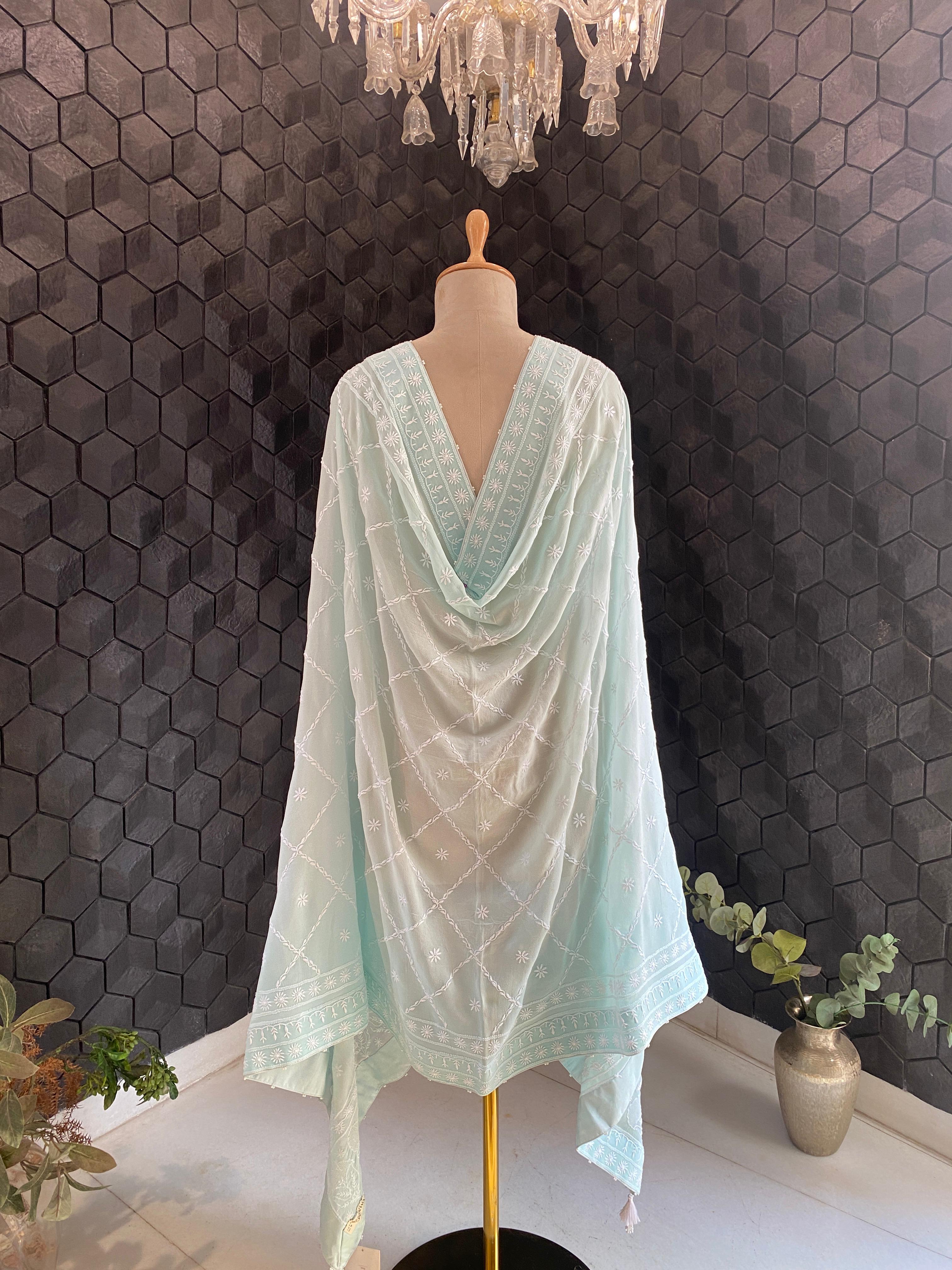 Soft Blue Georgette Chikankari Dupatta