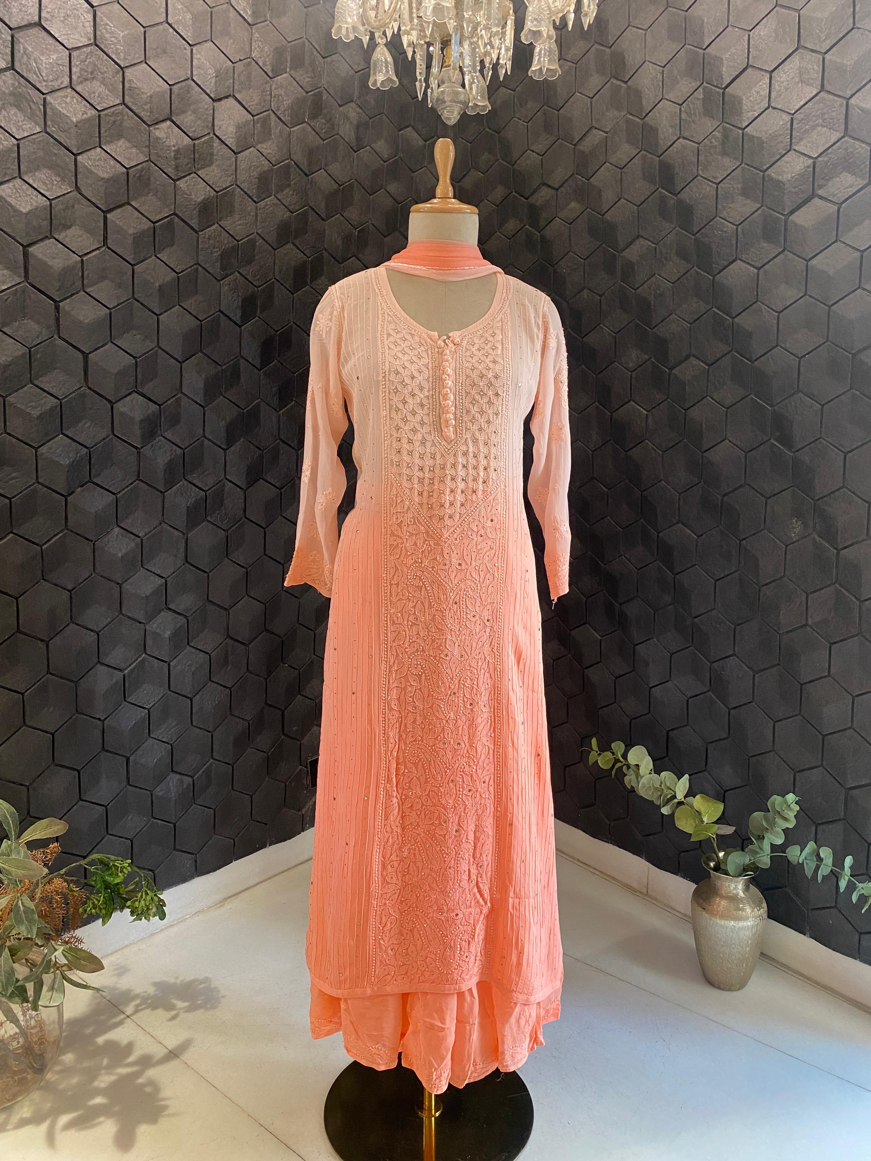 Peach Ombre Viscose Chikankari Sharara Set