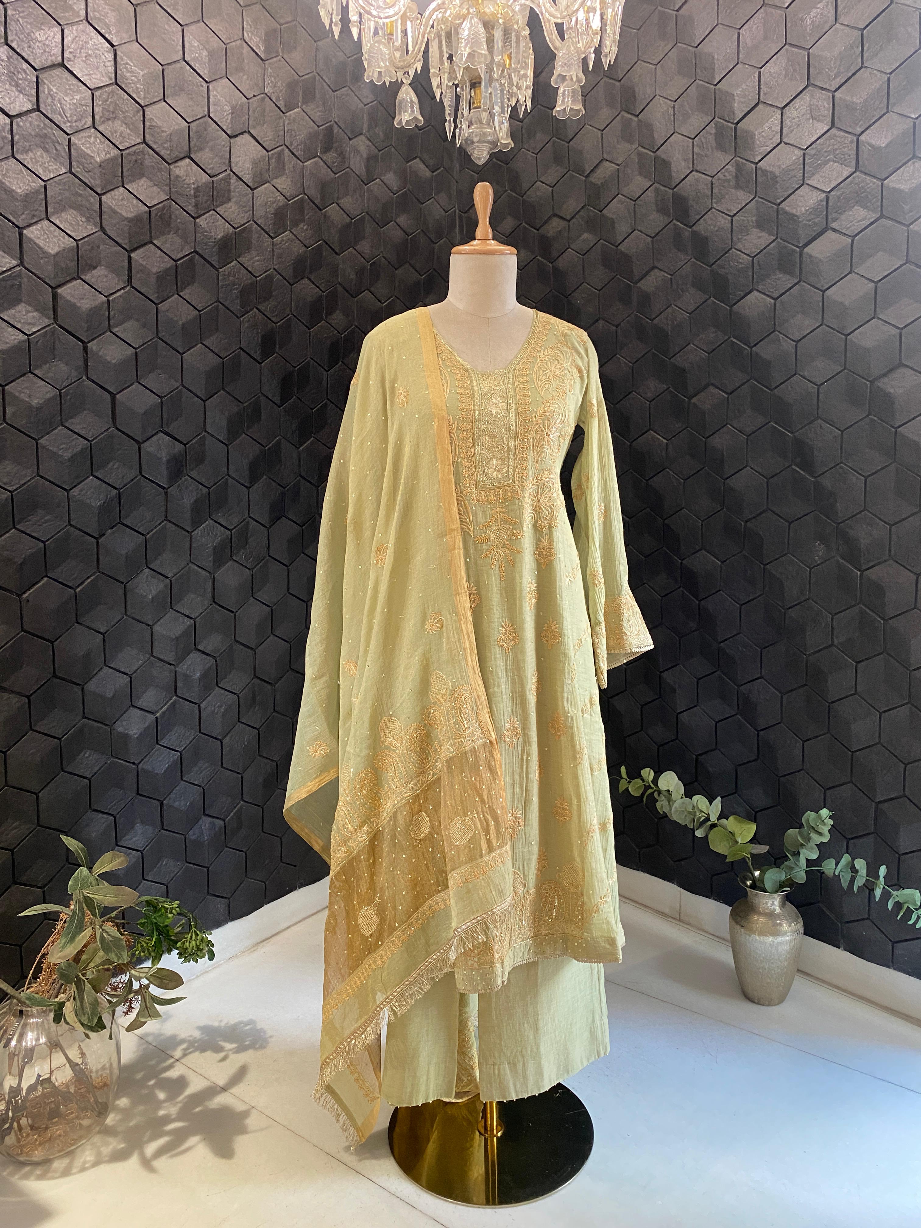 Green Golden Tissue Chikankari Suit Set