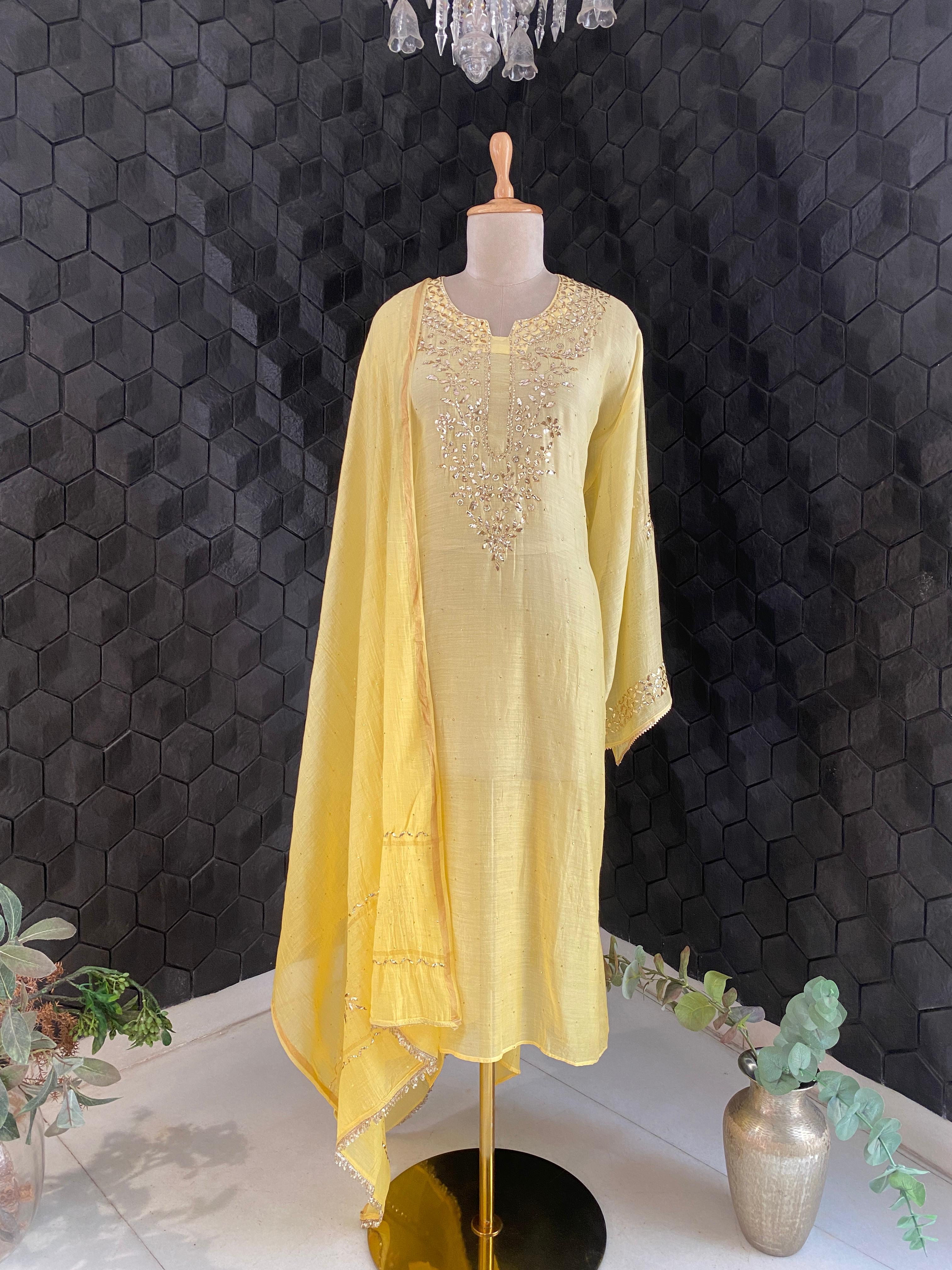 Yellow Mul Chanderi Mukaish Kurta Set