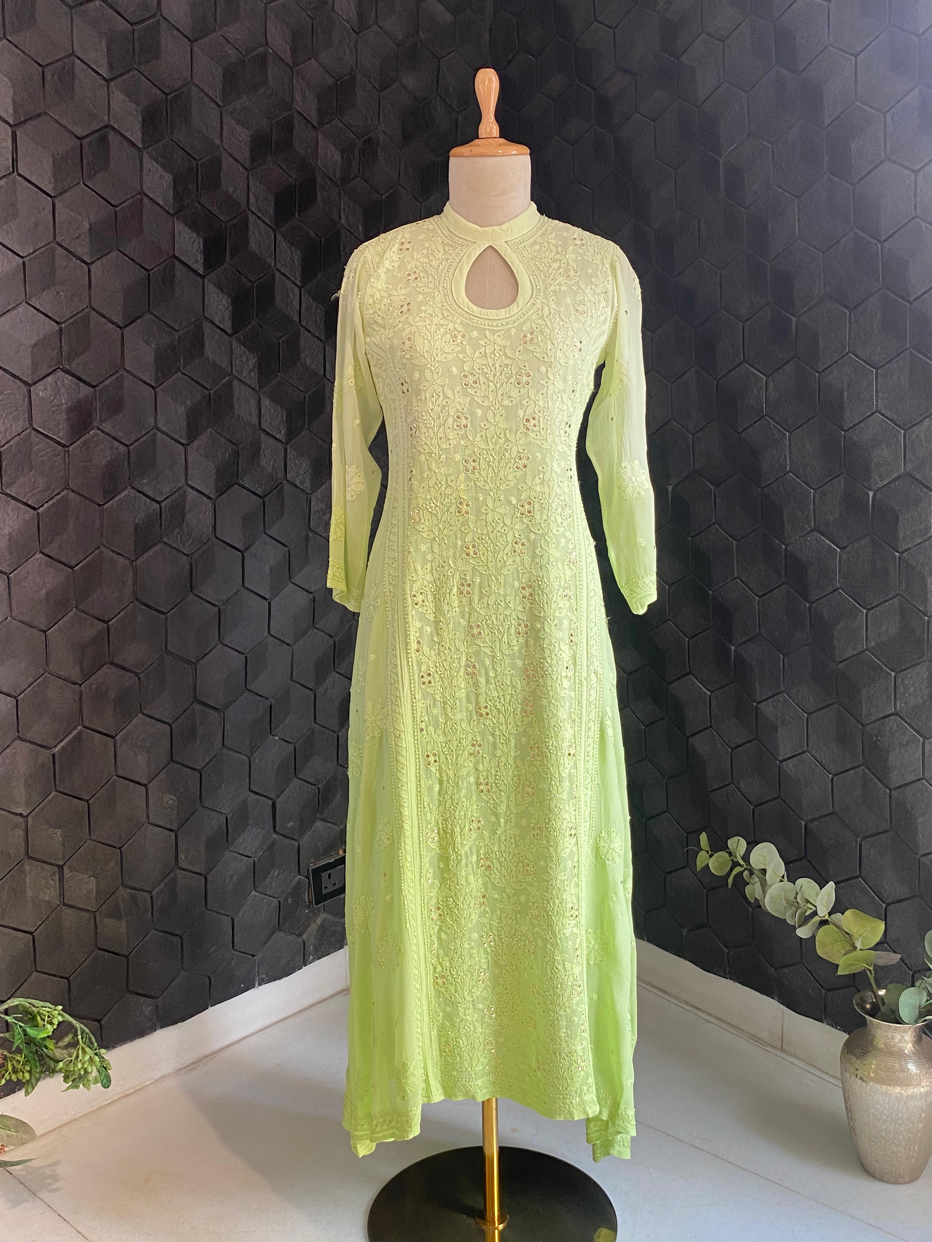 Green Ombre Viscose Chikankari Anarkali