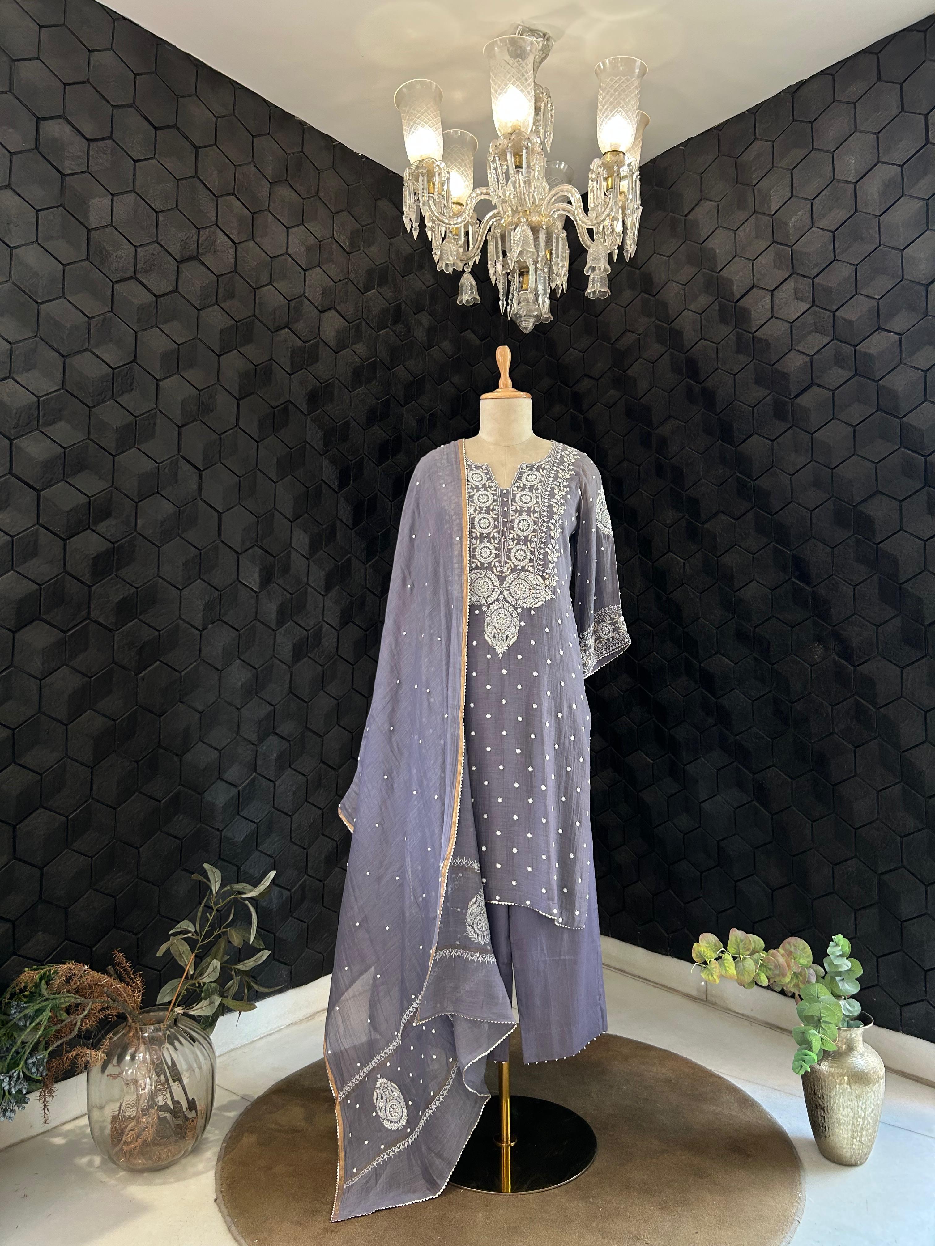 Purple Mul Chanderi Chikankari Kurta Set