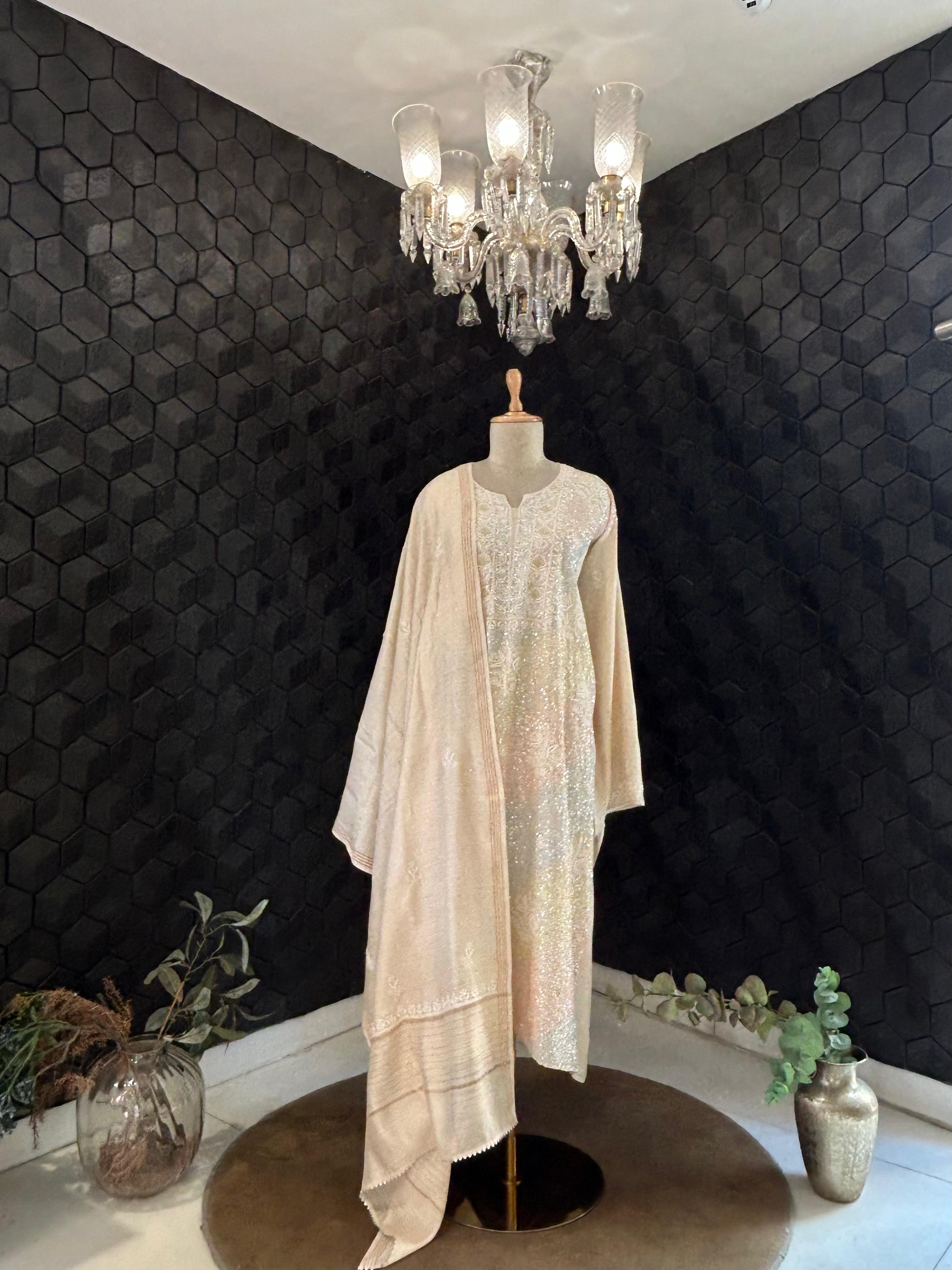 Beige Munga Silk Chikankari Kurta Set