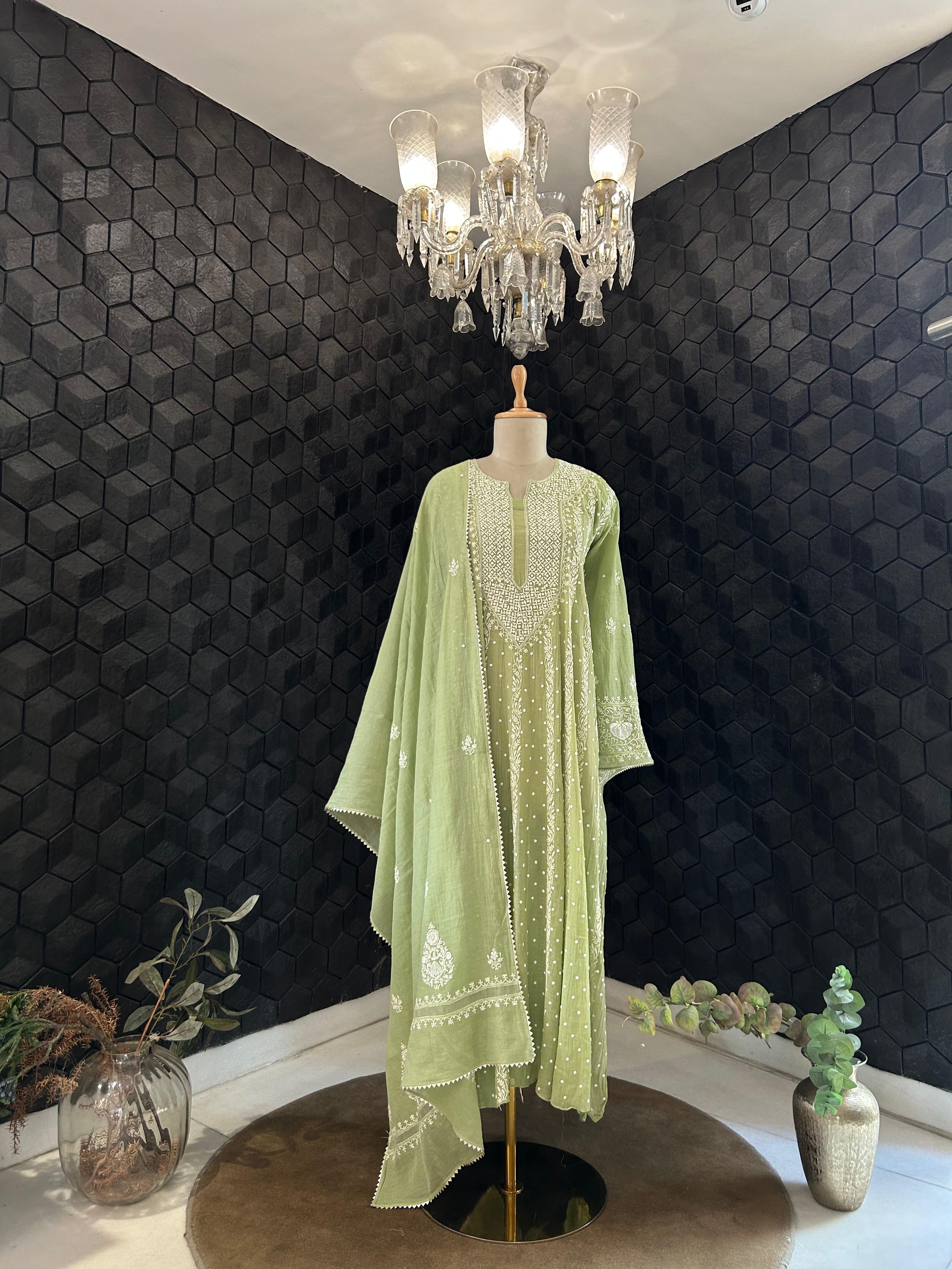 Green Tissue Chikankari Anarkali Set