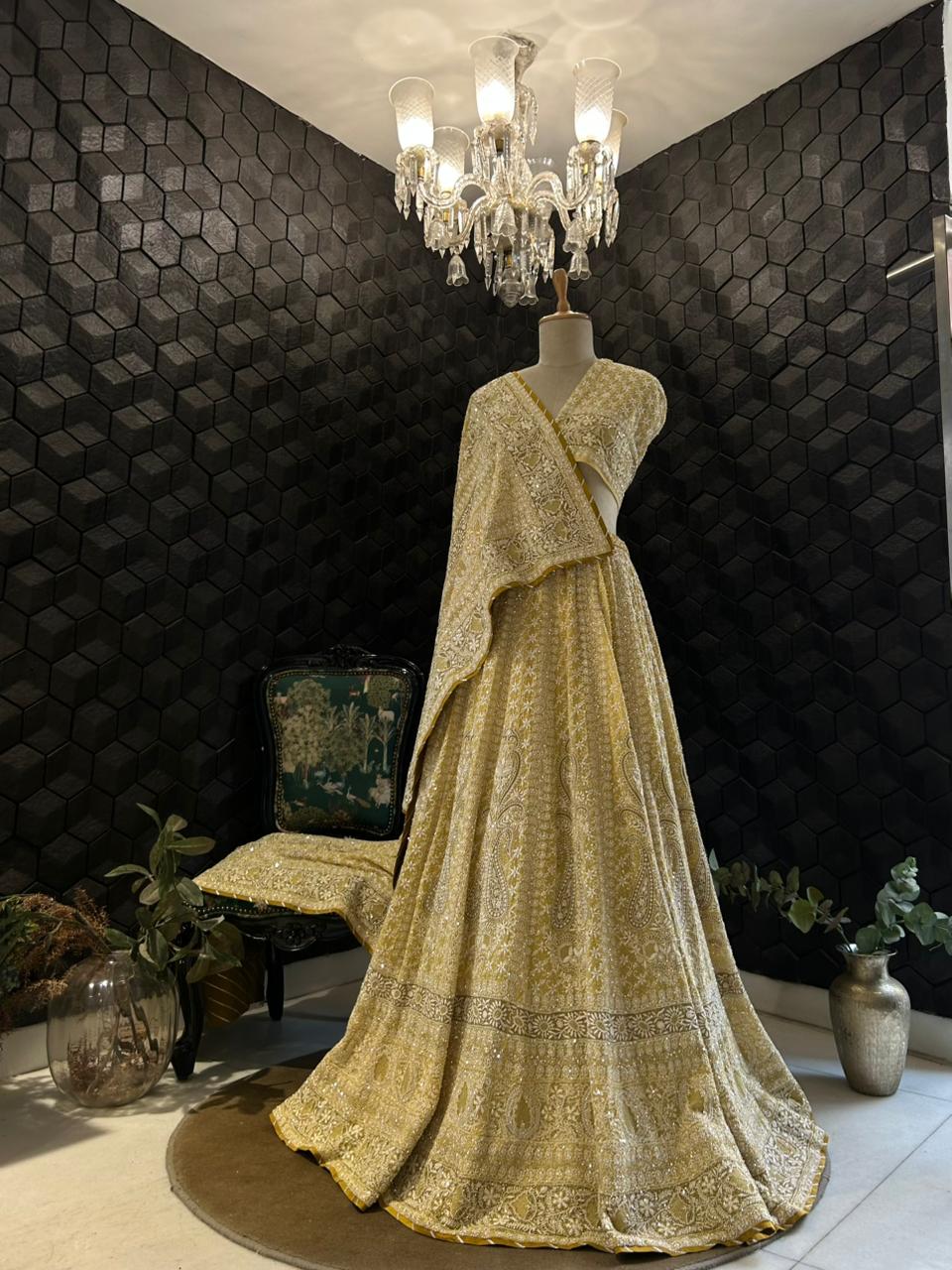 Yellow georgette ek-taar chikankari lehenga set