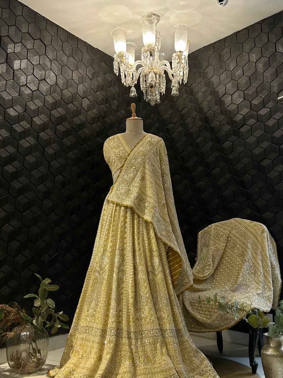 Yellow georgette ek-taar chikankari lehenga set