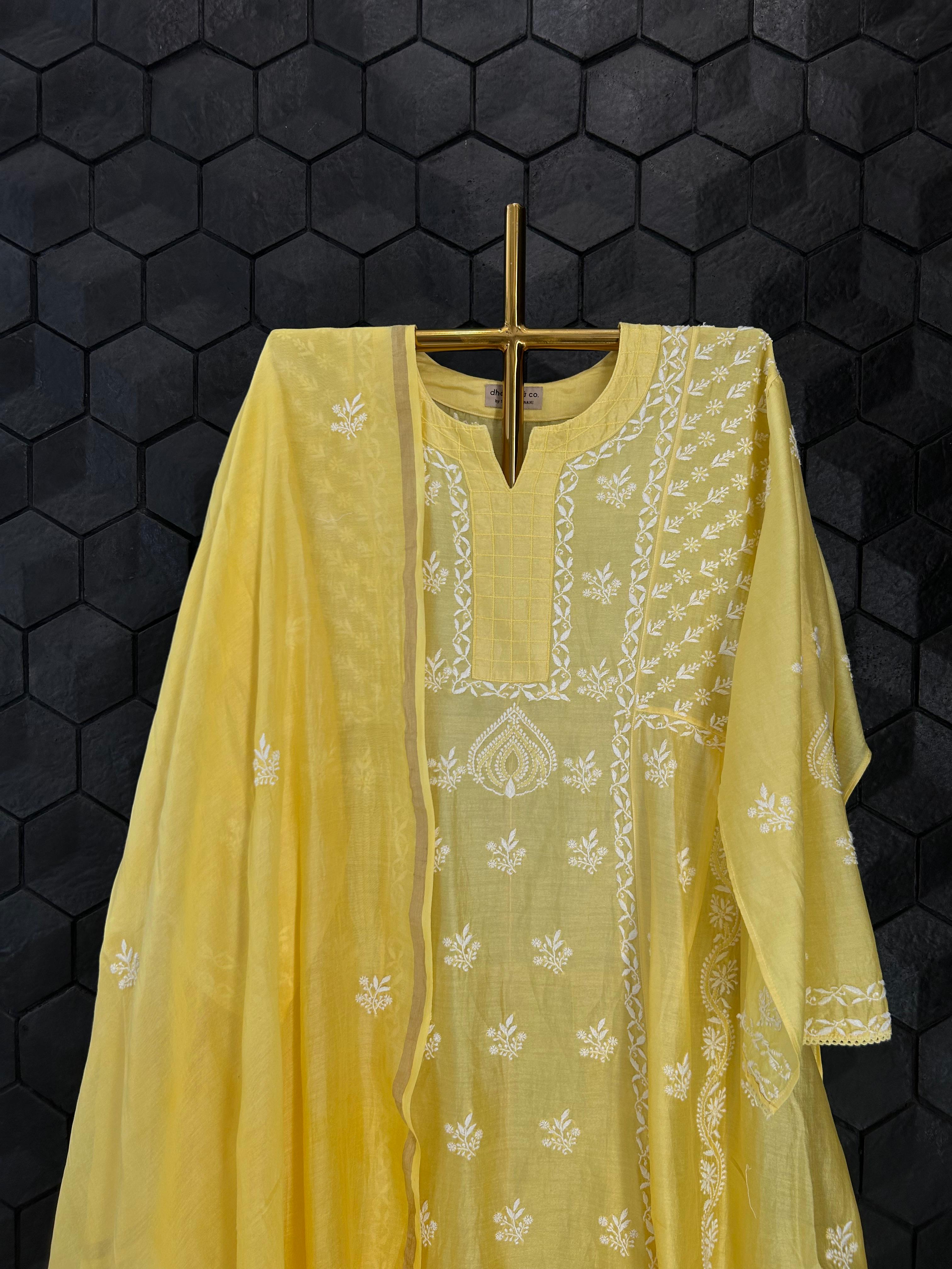 Yellow chanderi chikankari kurta set