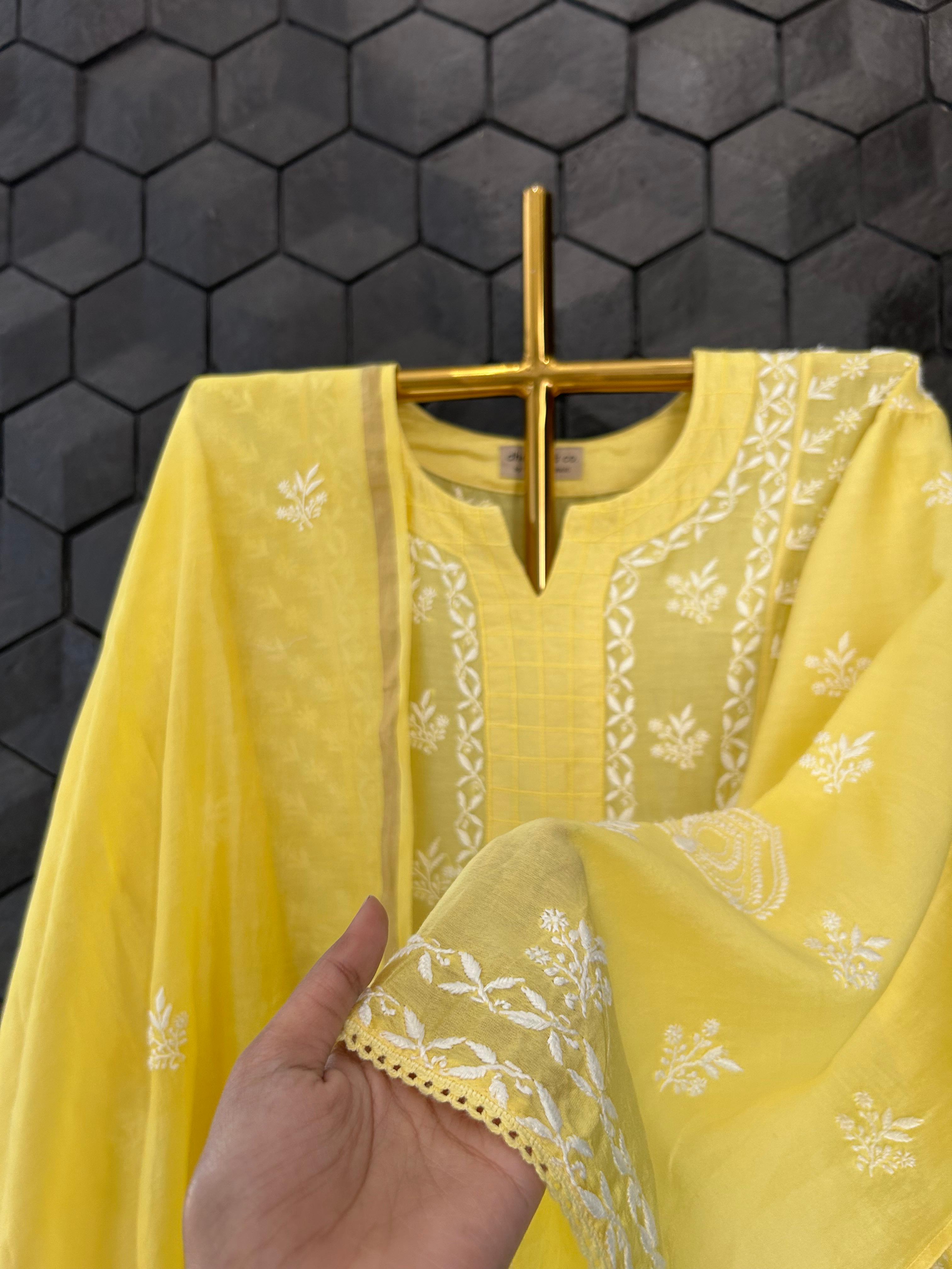 Yellow chanderi chikankari kurta set