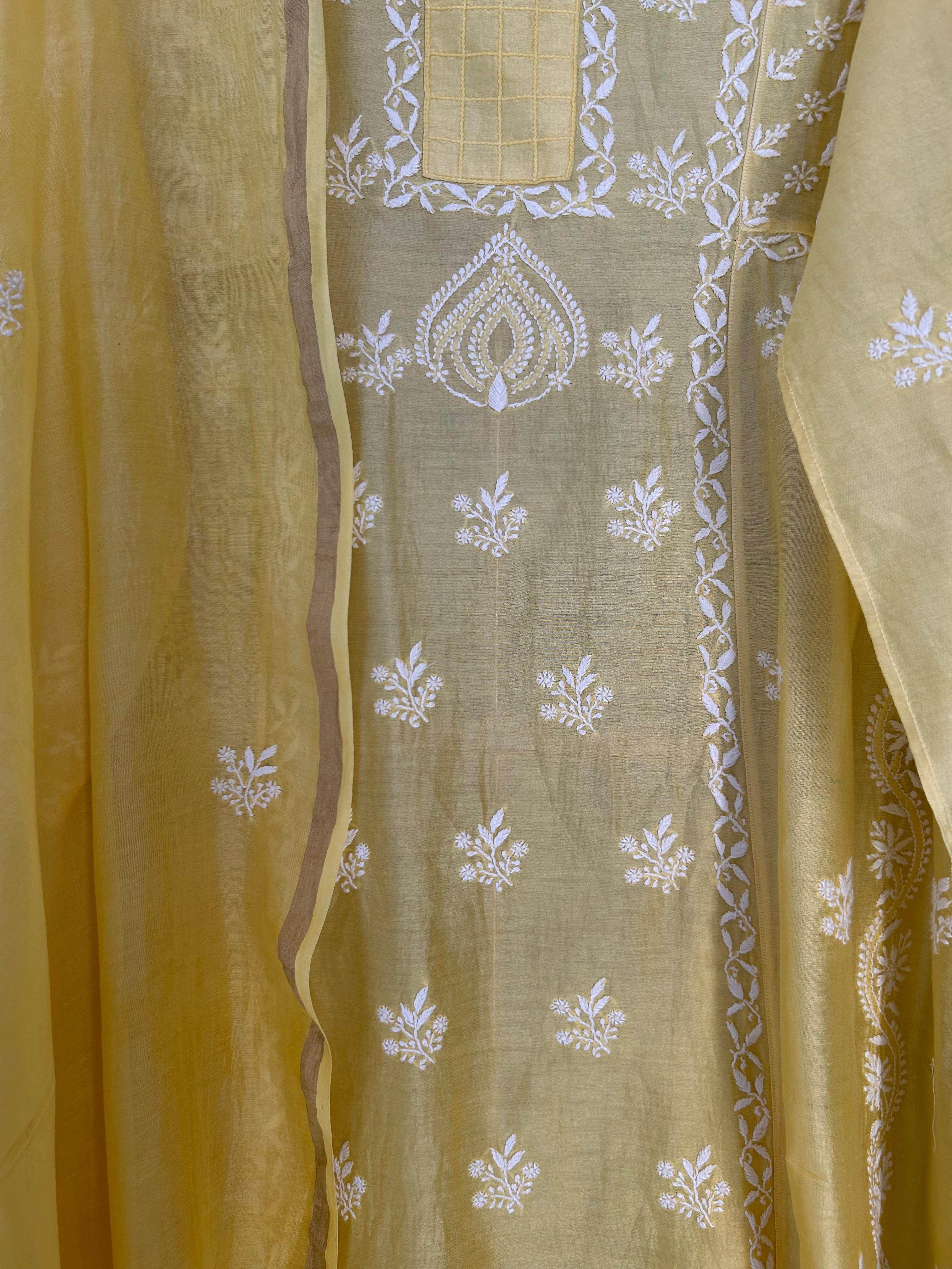 Yellow chanderi chikankari kurta set