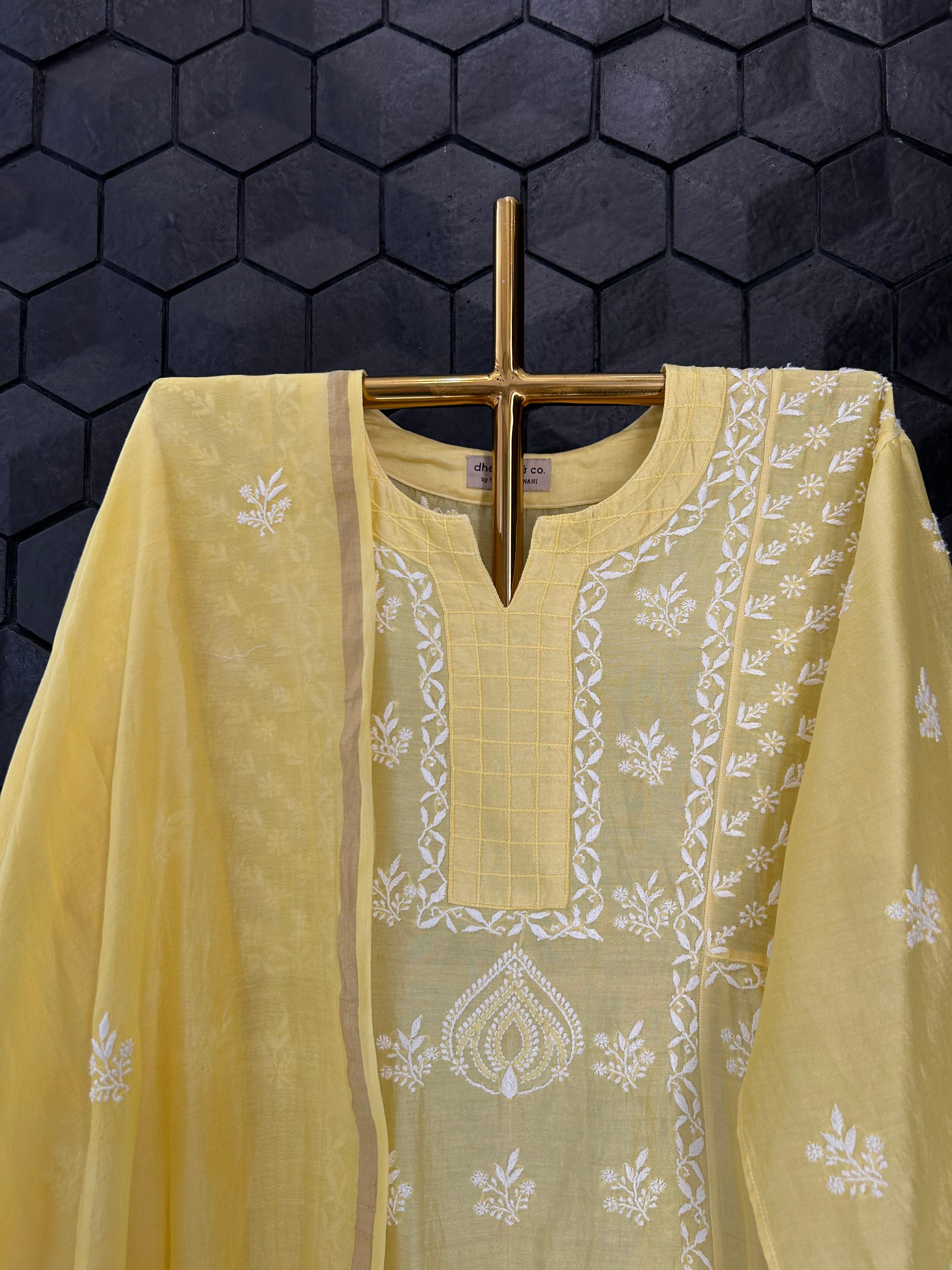 Yellow chanderi chikankari kurta set