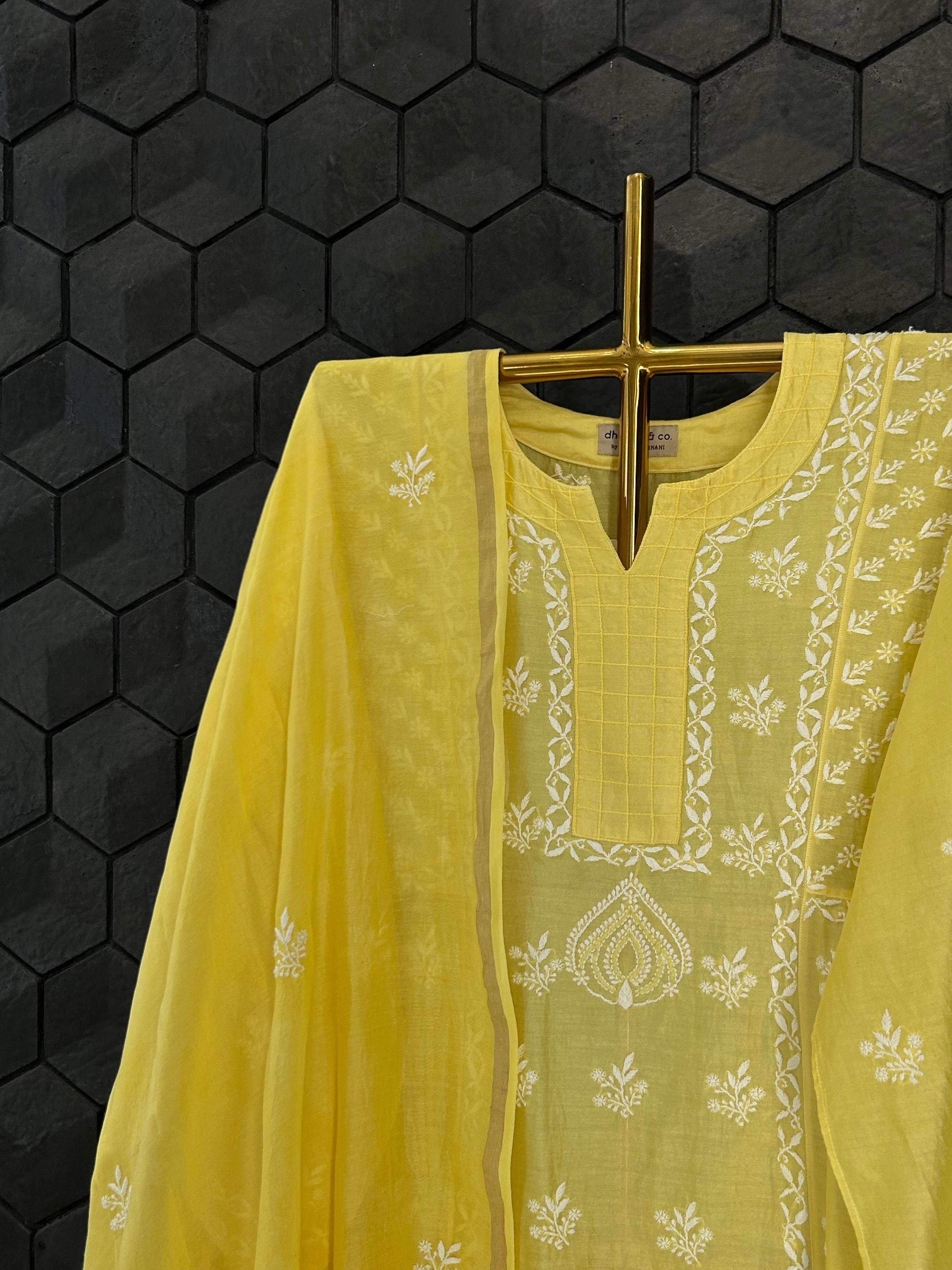 Yellow chanderi chikankari kurta set