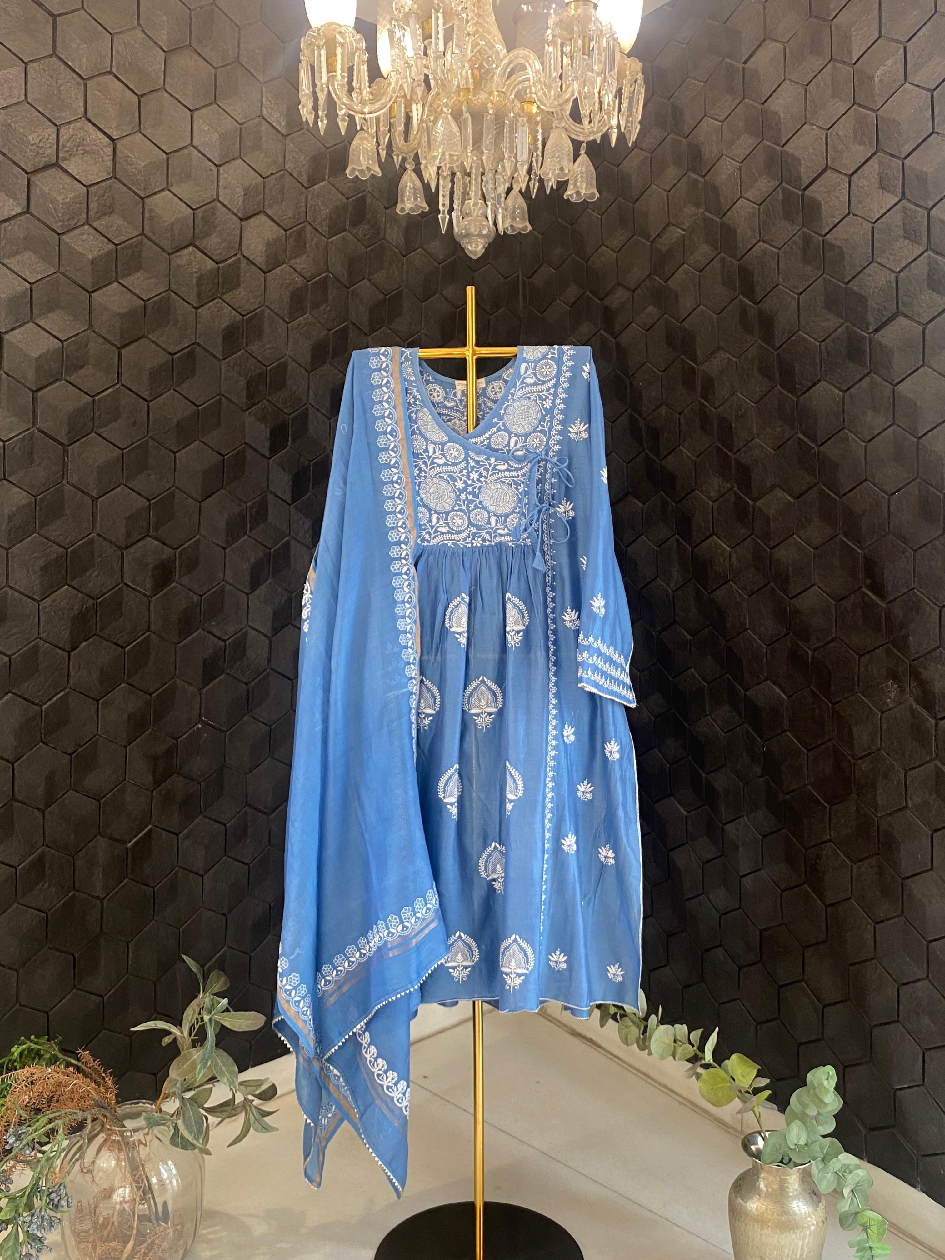 Blue Chanderi Chikankari Angarkha Kurta Set