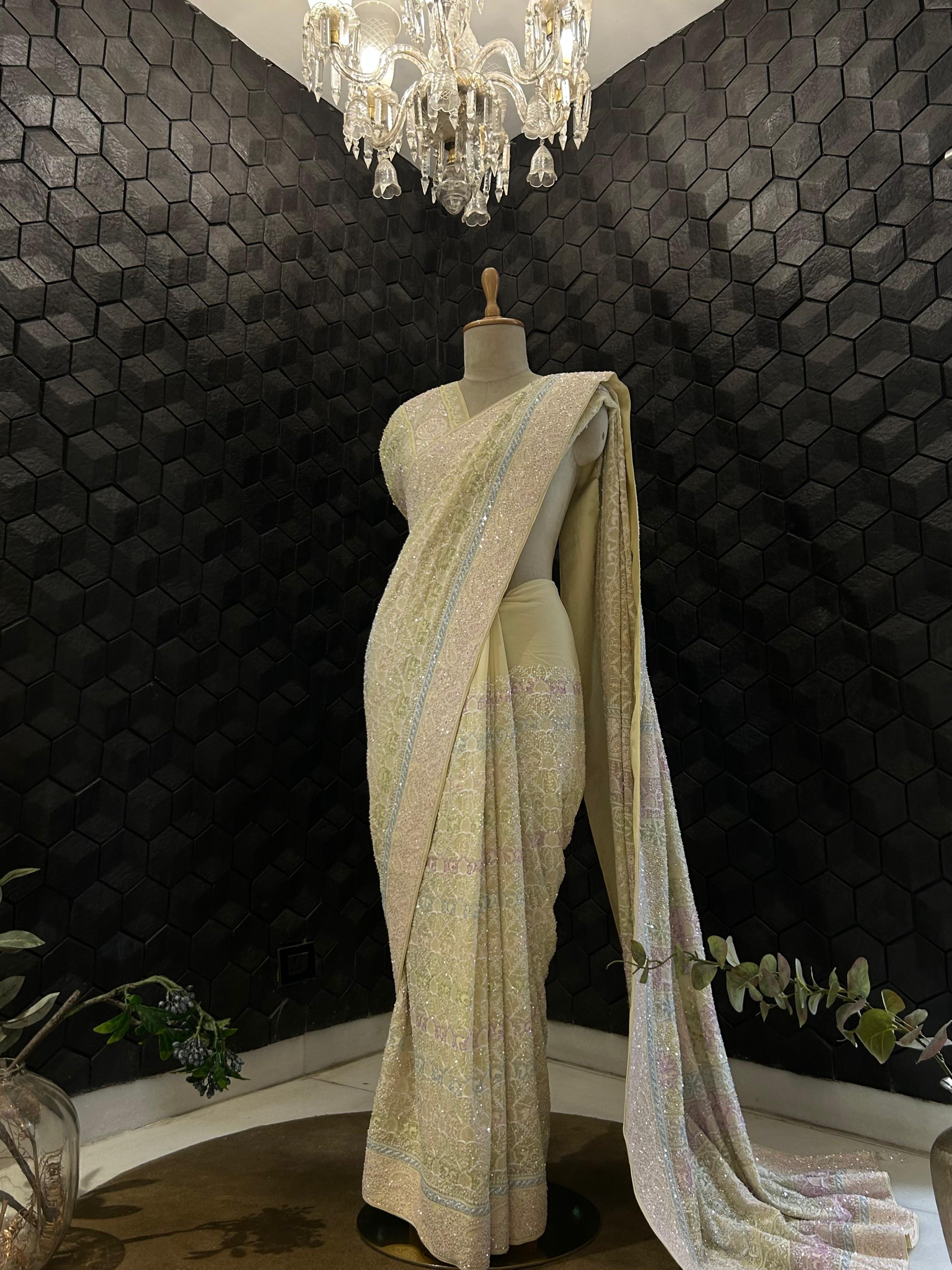Yellow georgette ek-taar chikankari saree