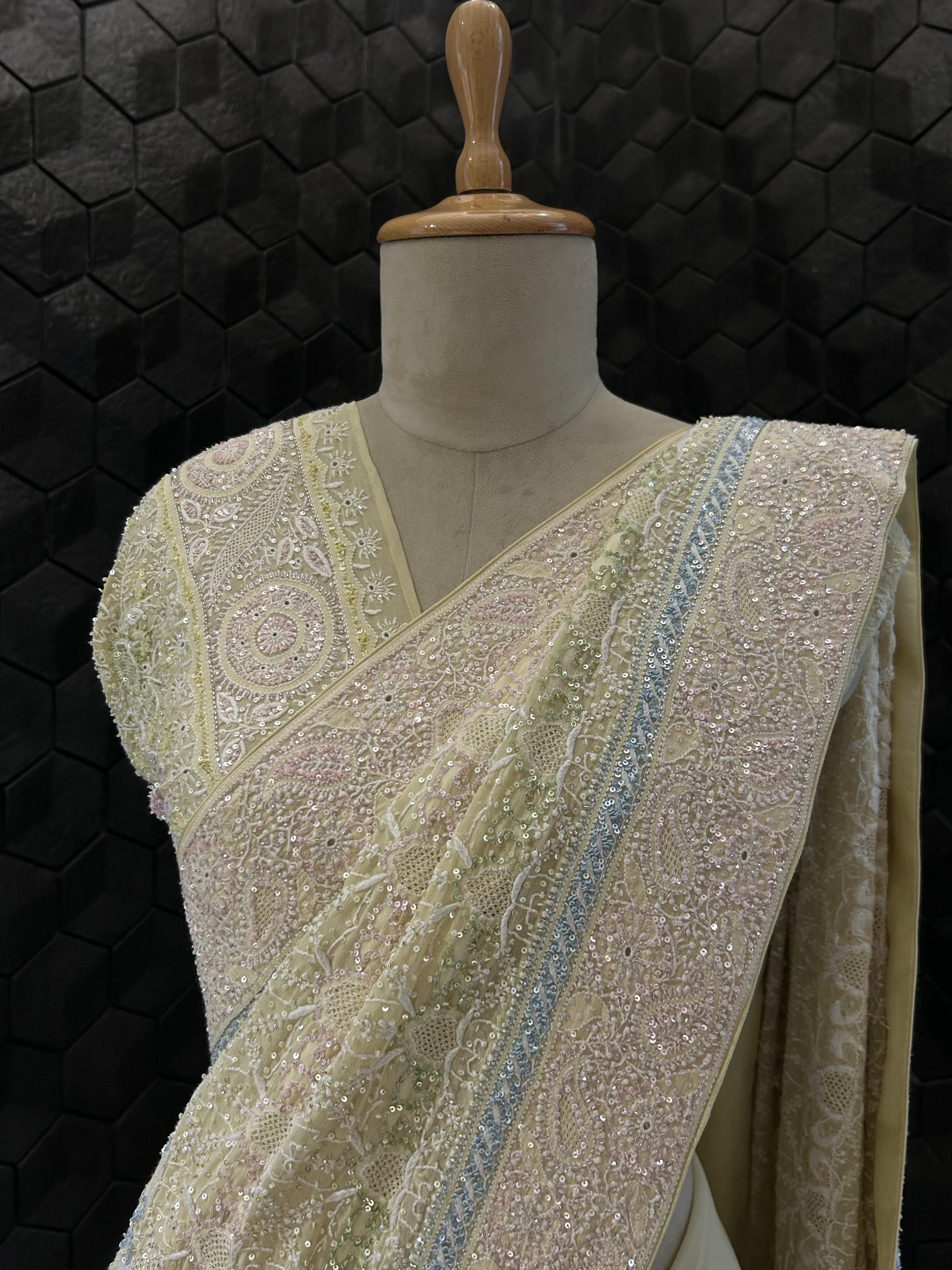 Yellow georgette ek-taar chikankari saree