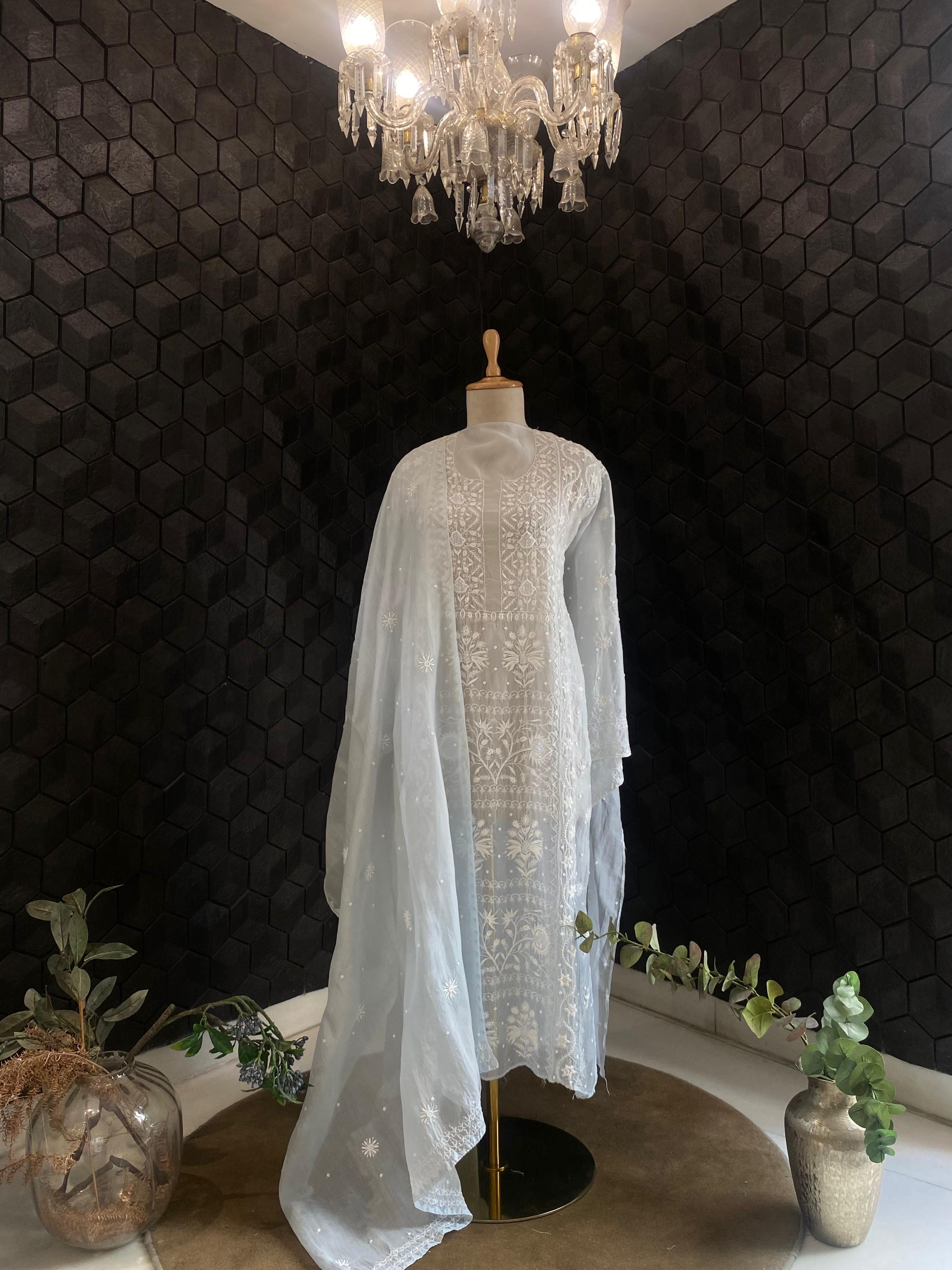 Blue organza chikankari kurta set