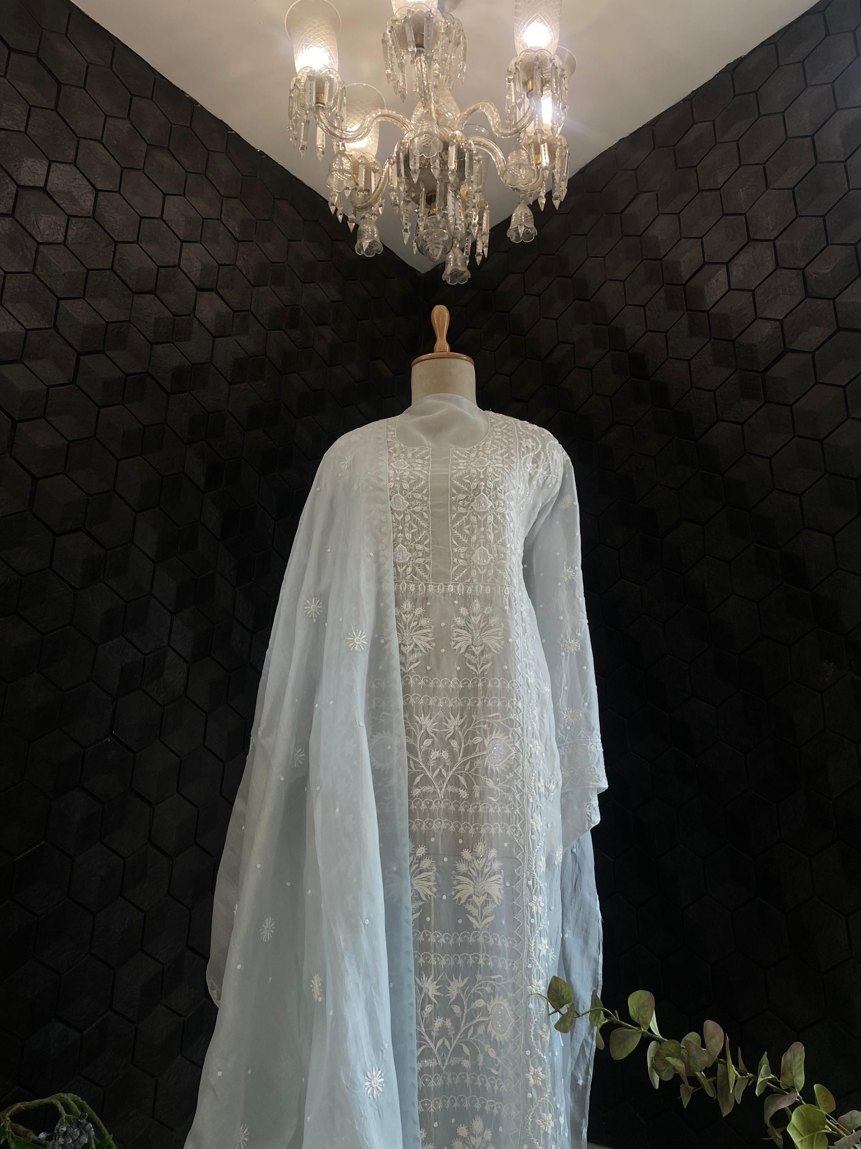 Blue organza chikankari kurta set