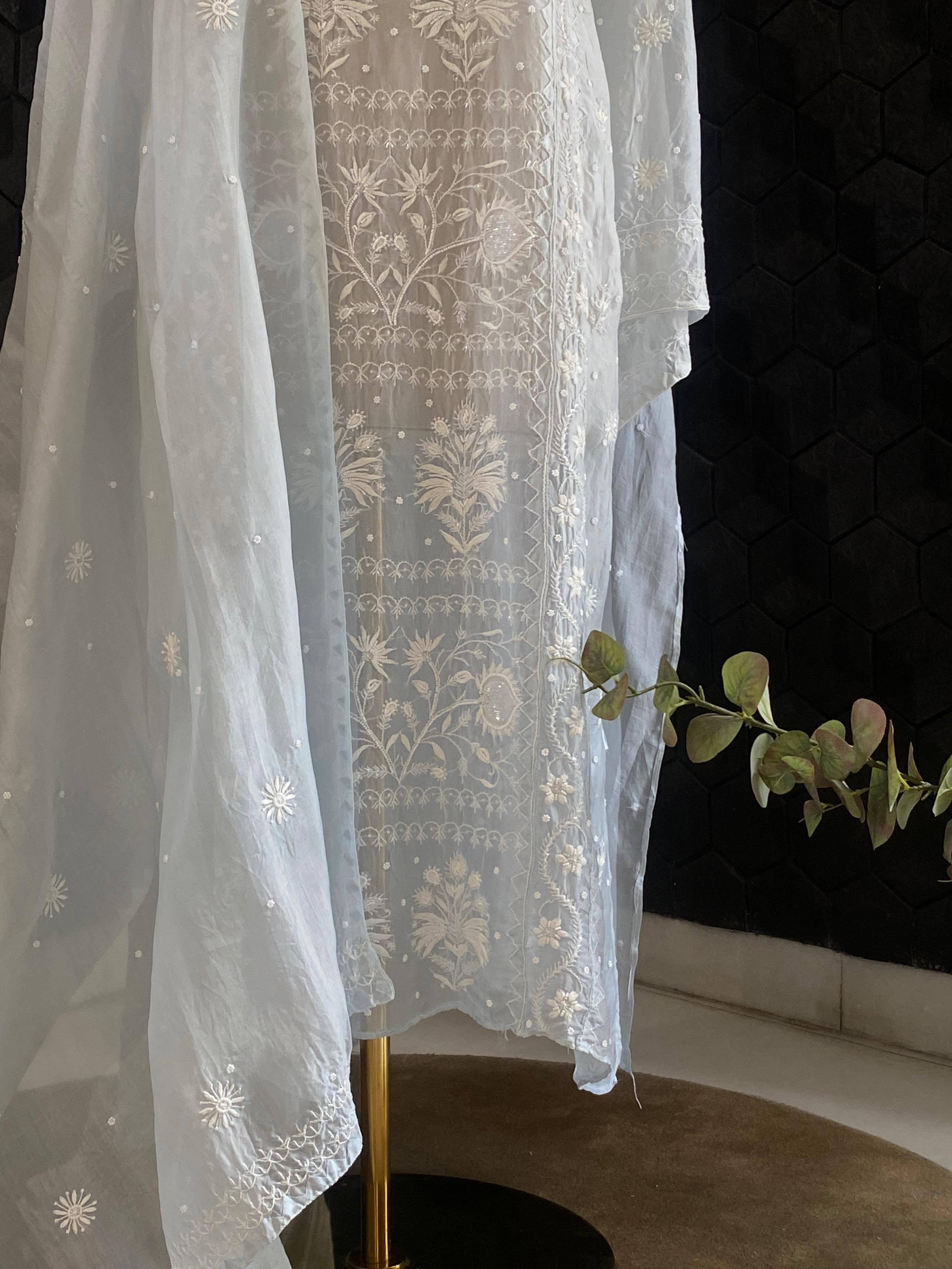 Blue organza chikankari kurta set