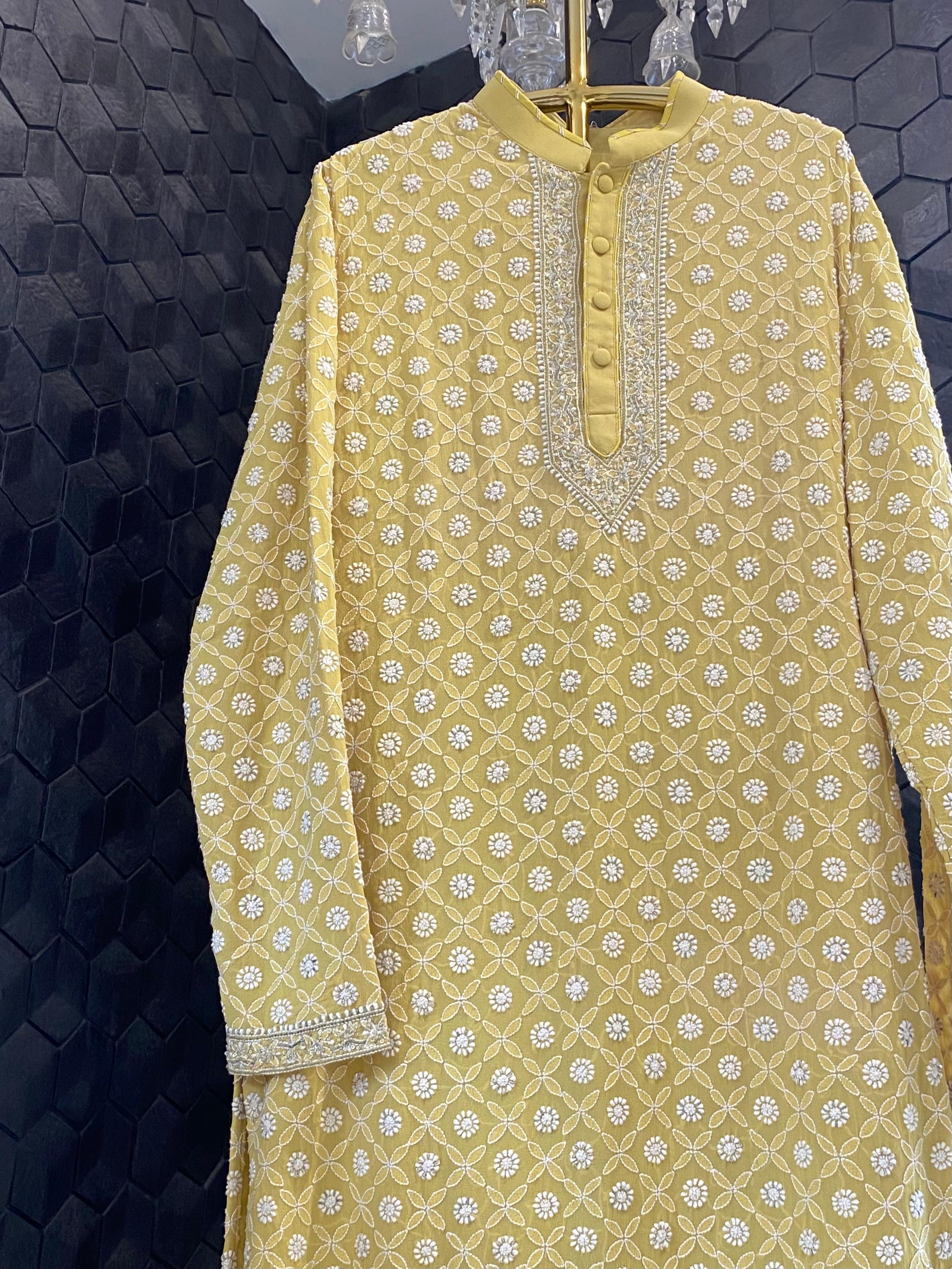 Lime green georgette chikankari men kurta