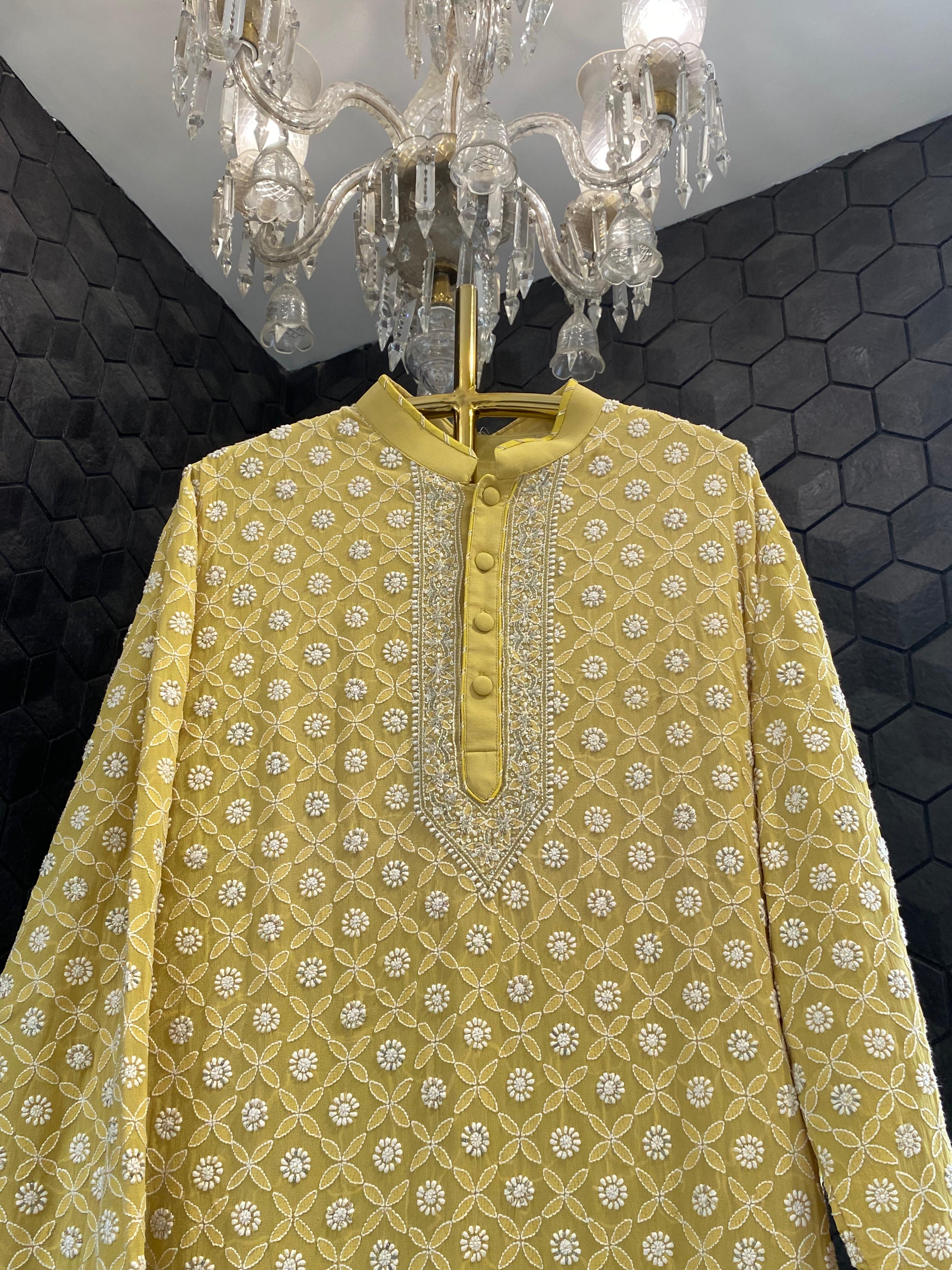 Lime green georgette chikankari men kurta