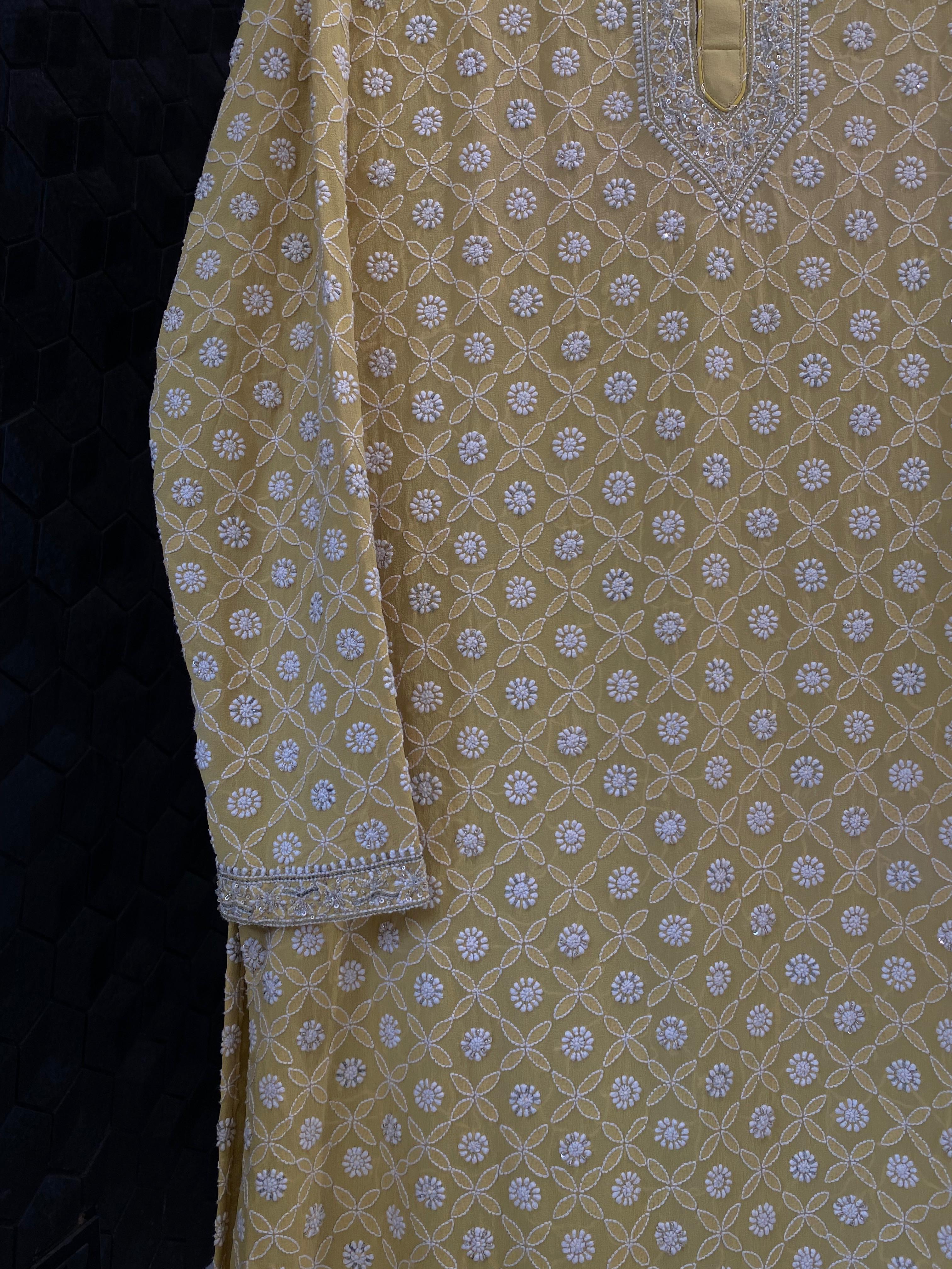 Lime green georgette chikankari men kurta