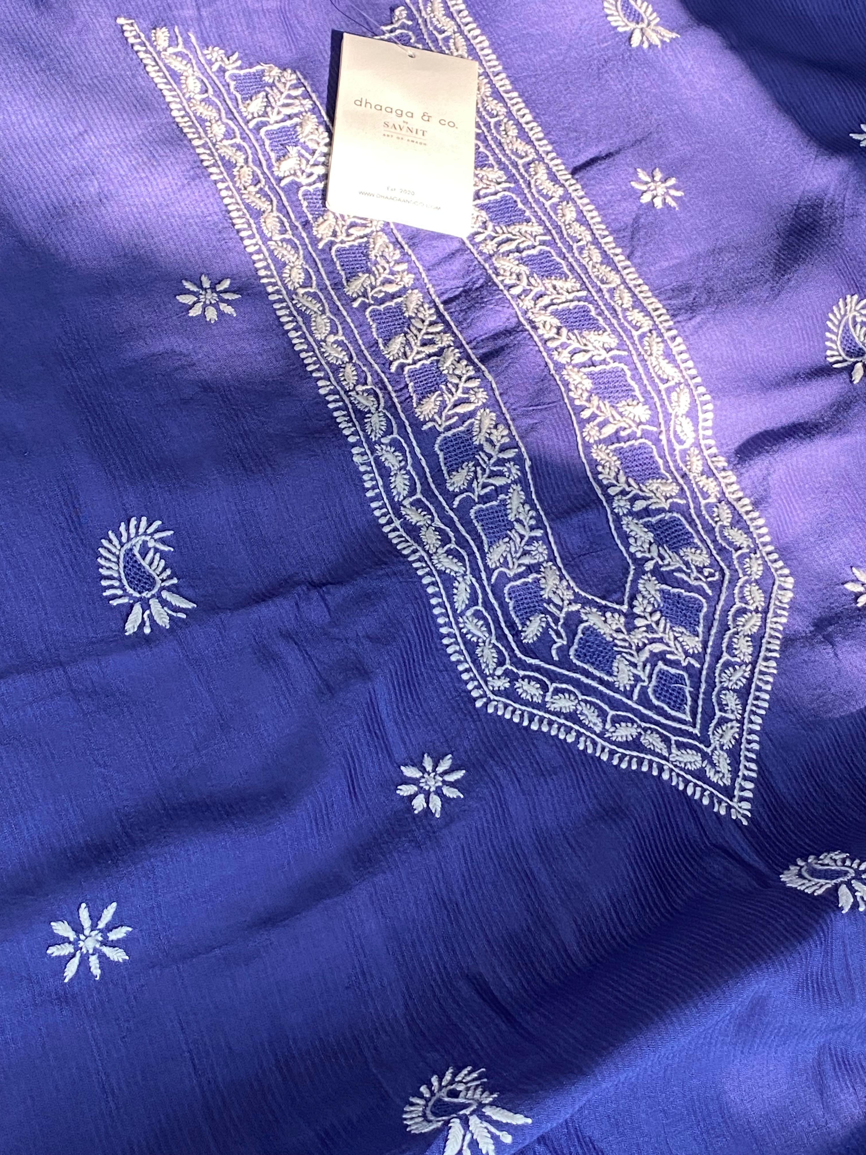 Blue chanderi chikankari men kurta
