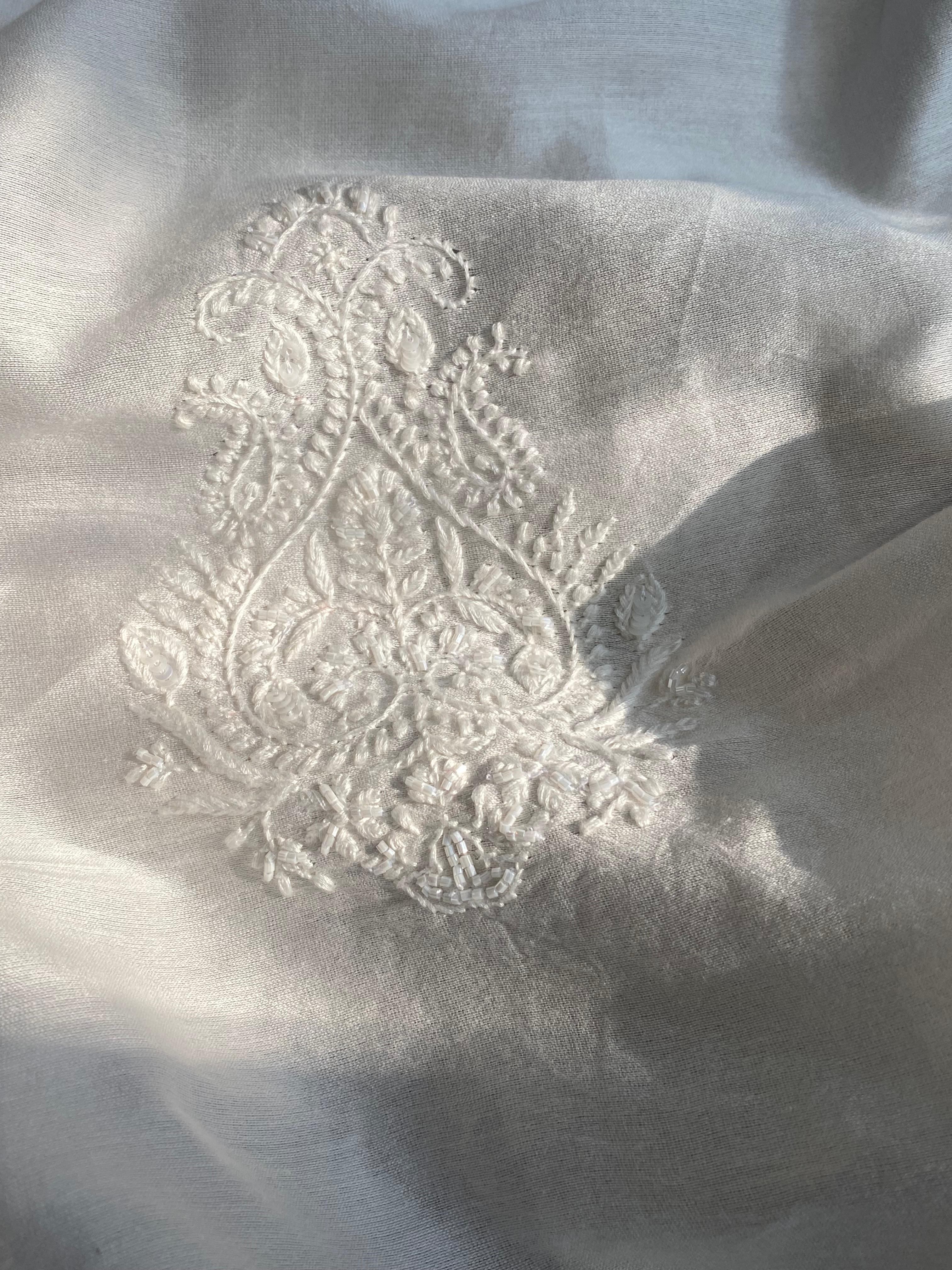 White chanderi chikankari men kurta