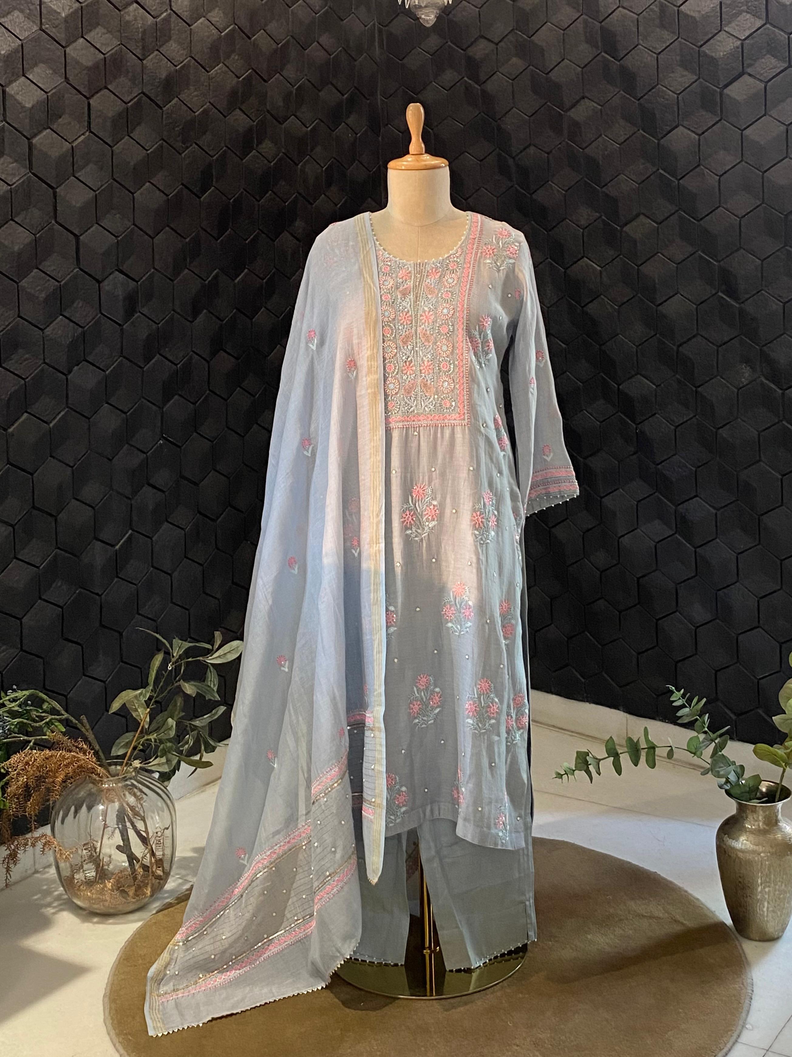 Grey mul chanderi chikankari kurta set