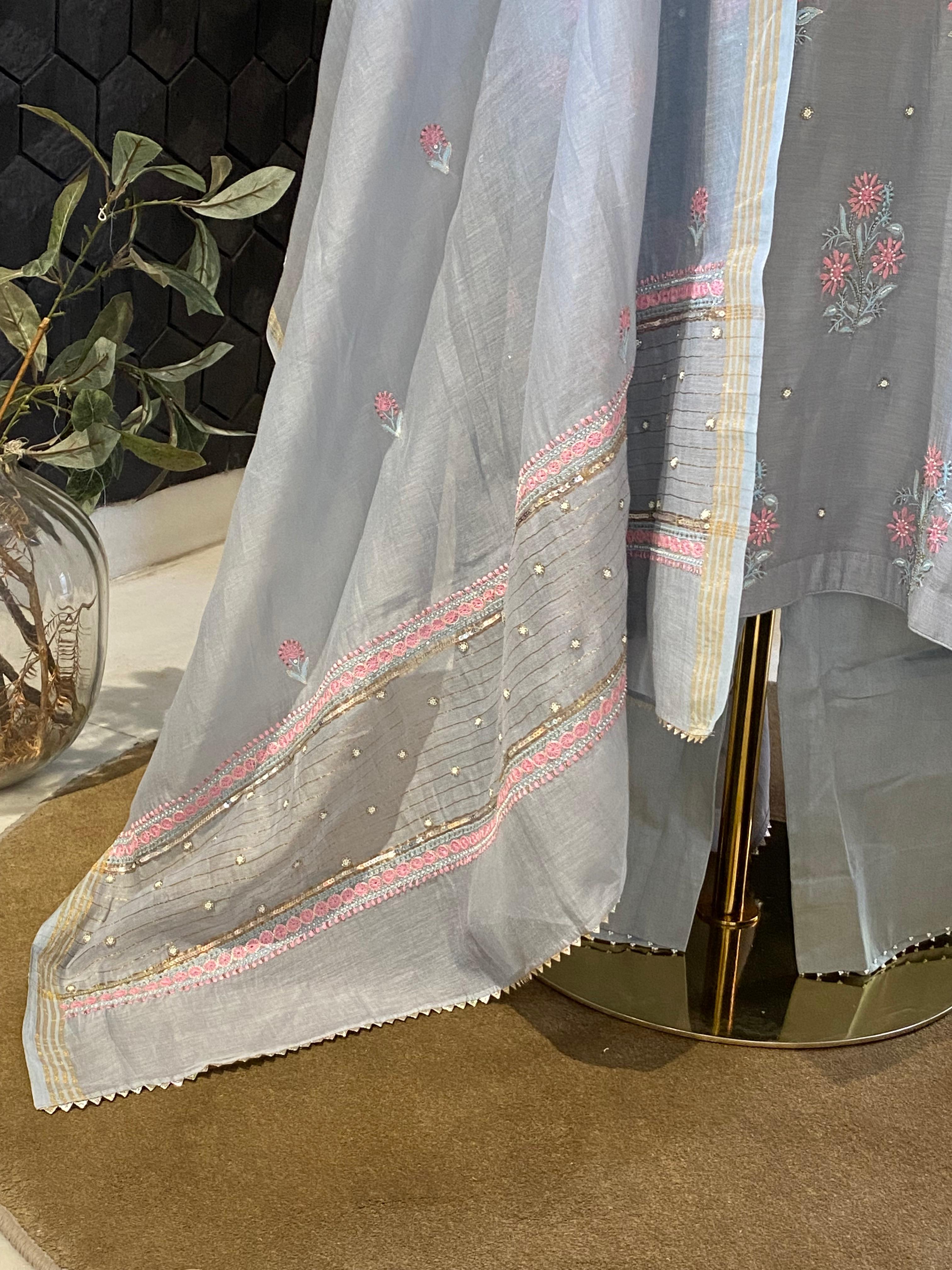 Grey mul chanderi chikankari kurta set