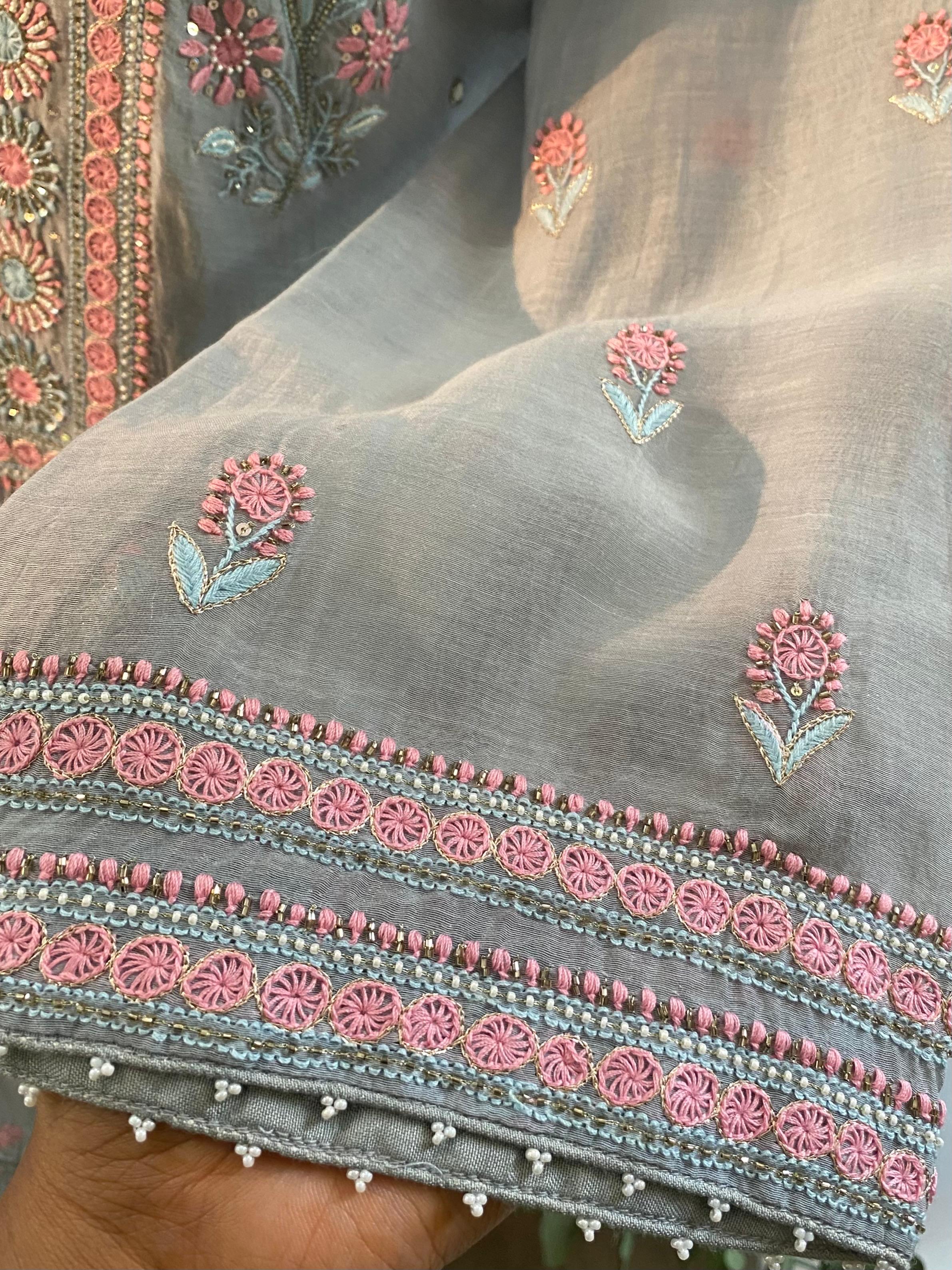 Grey mul chanderi chikankari kurta set