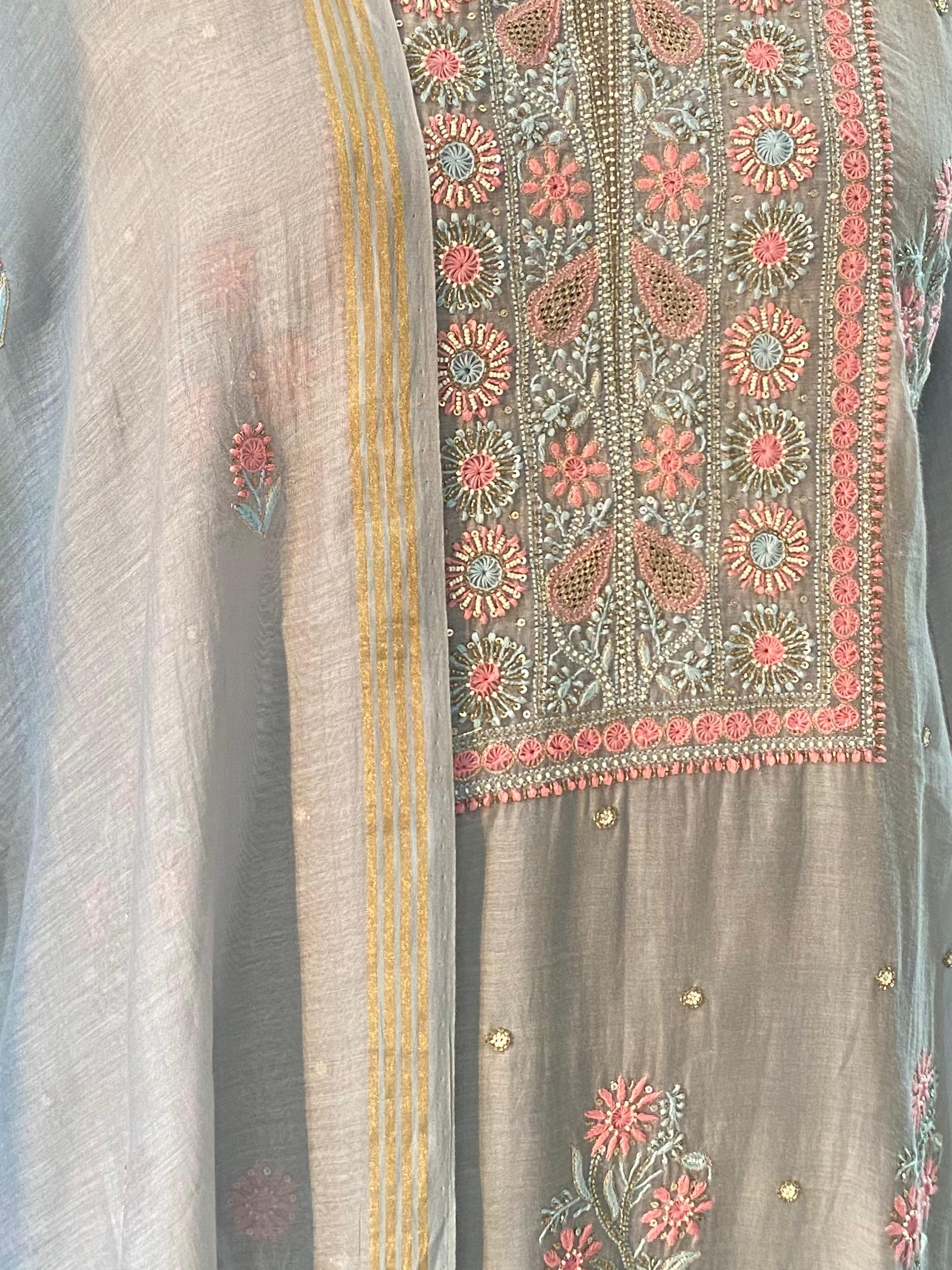 Grey mul chanderi chikankari kurta set