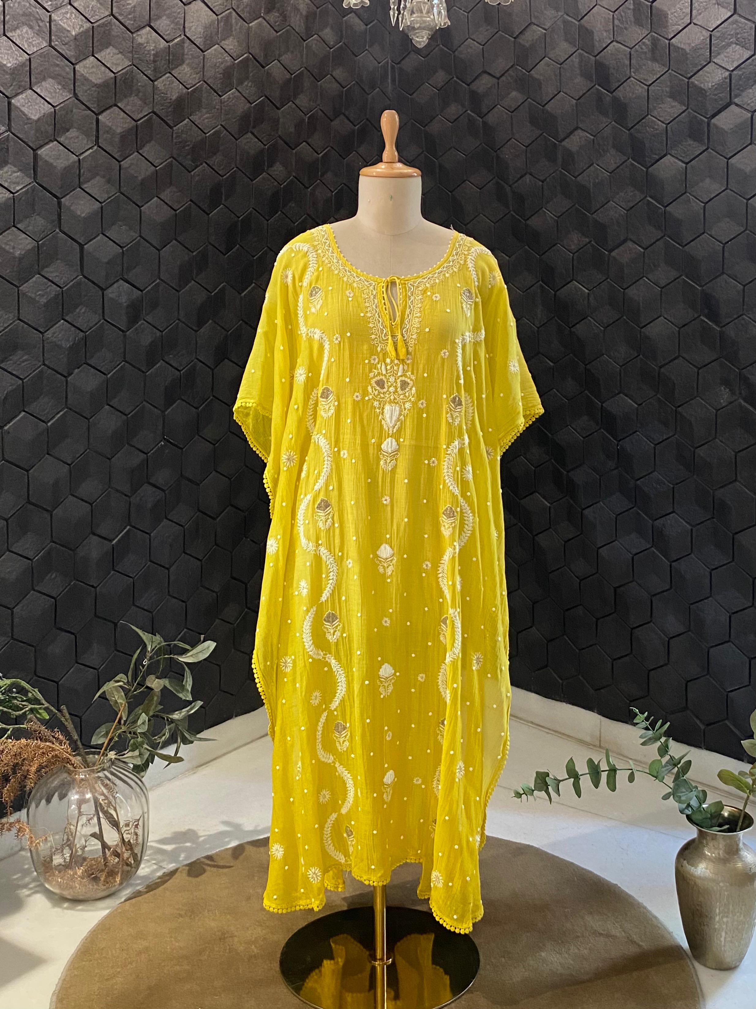 Lemon yellow mul chanderi chikankari kaftan