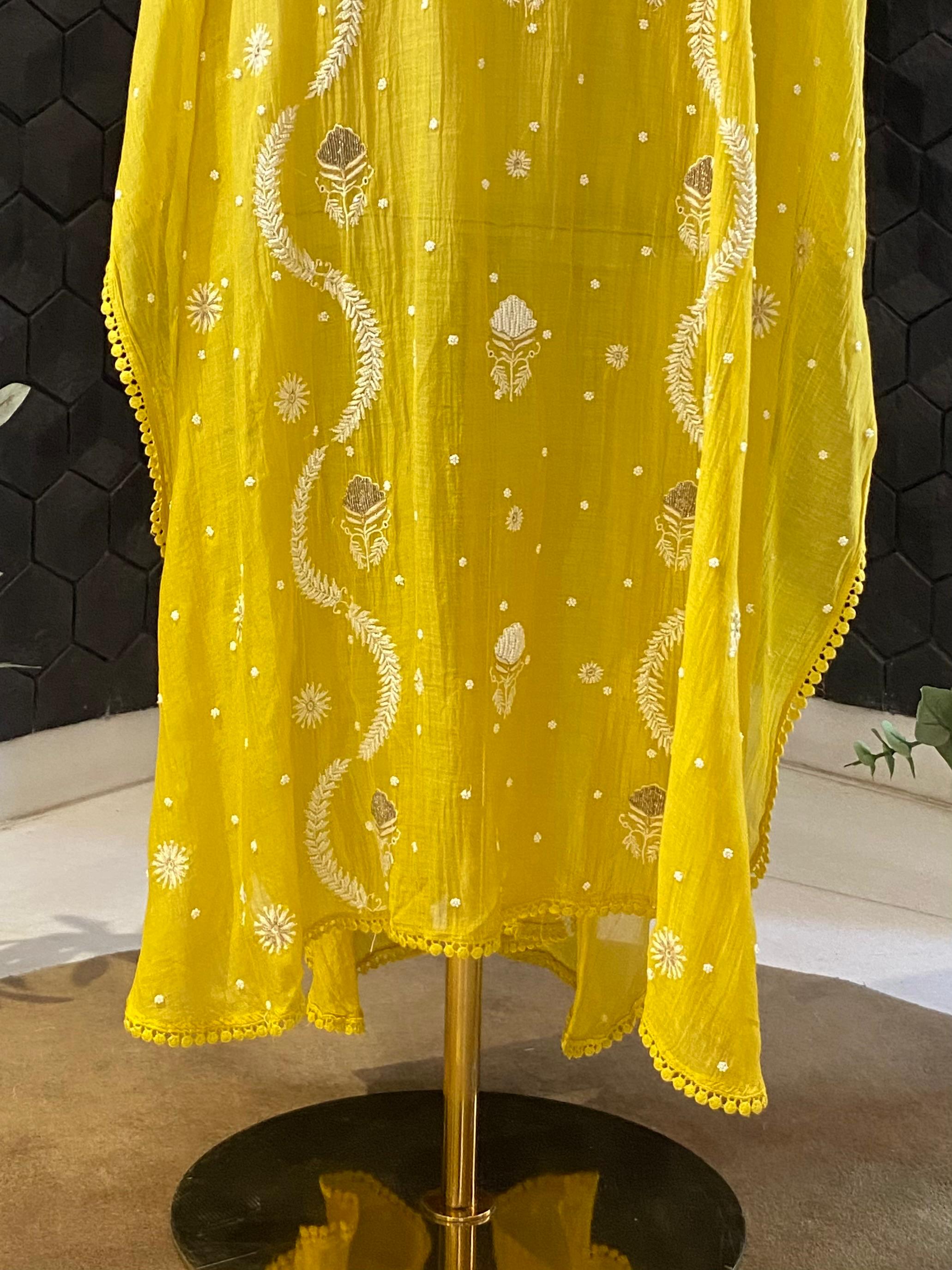 Lemon yellow mul chanderi chikankari kaftan