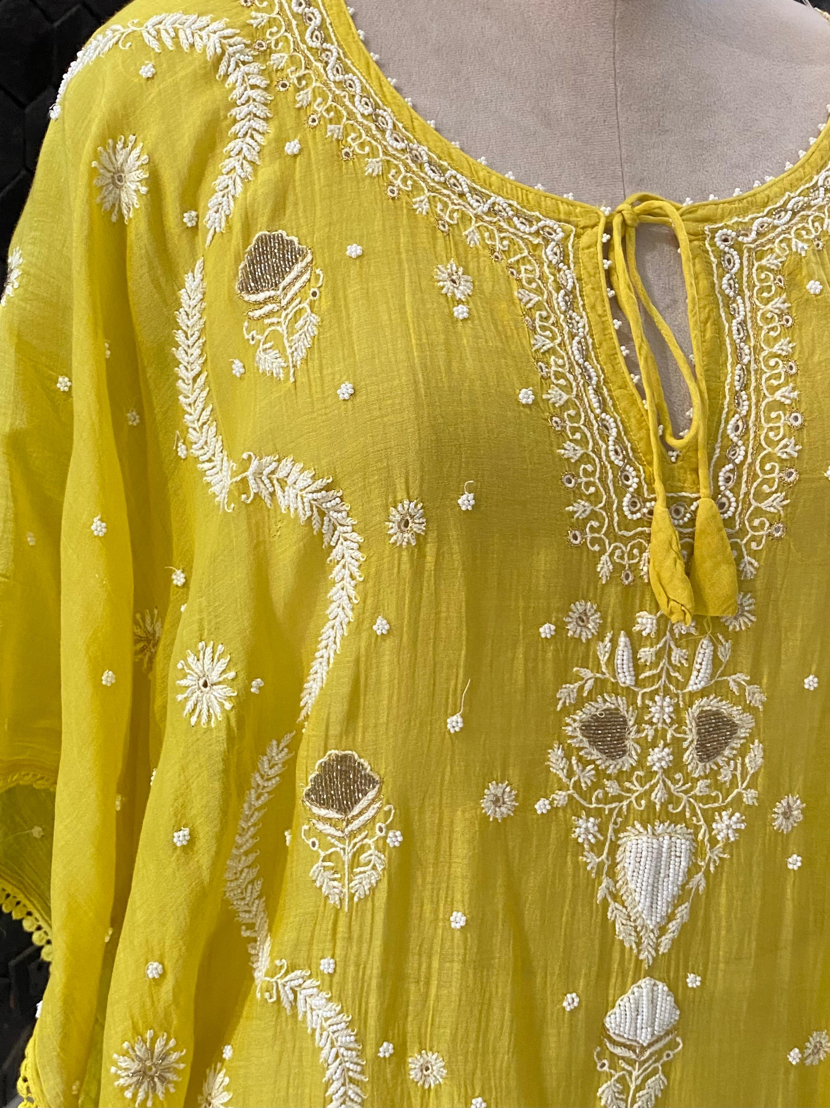 Lemon yellow mul chanderi chikankari kaftan