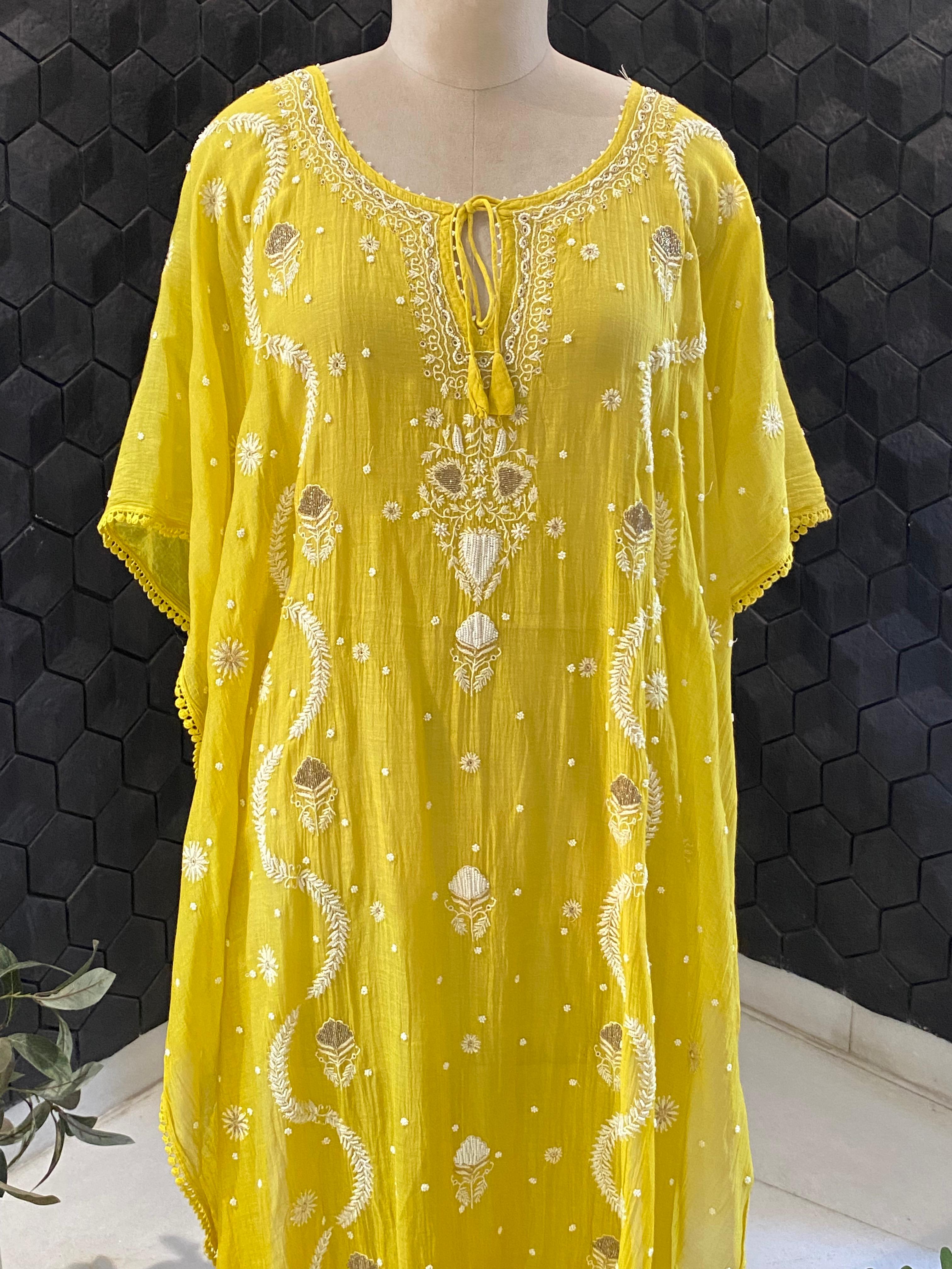 Lemon yellow mul chanderi chikankari kaftan