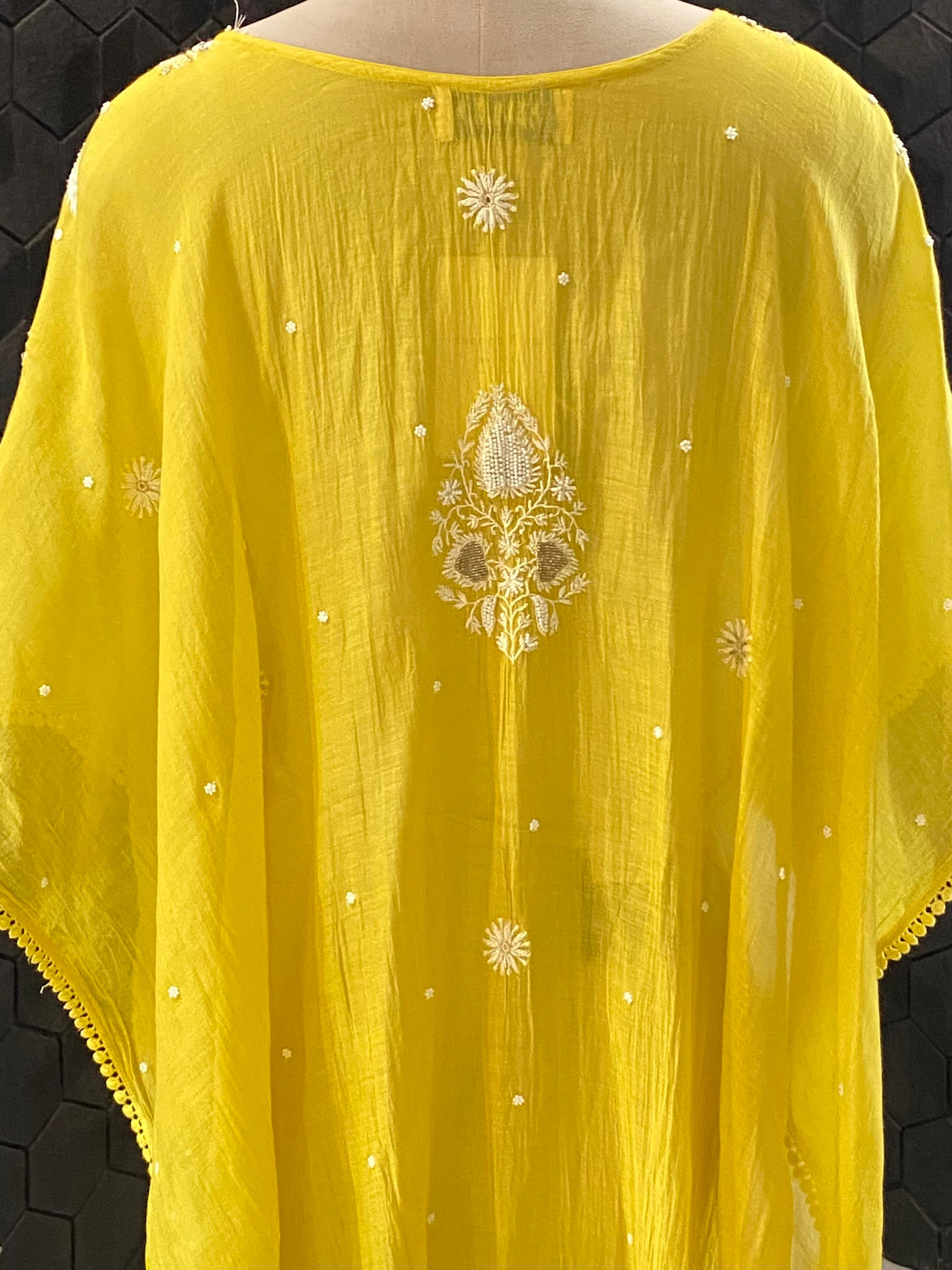 Lemon yellow mul chanderi chikankari kaftan