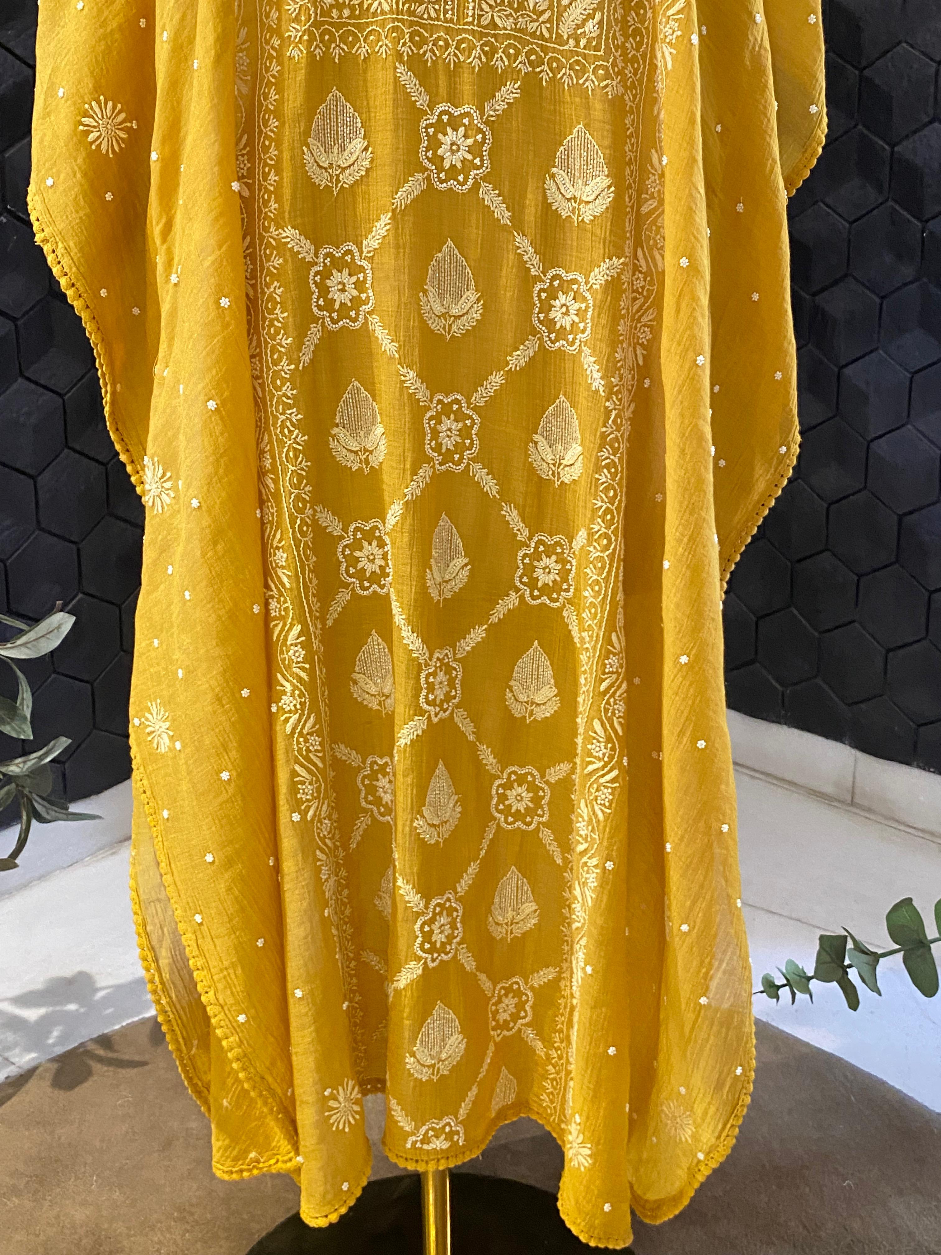 Mustard golden tissue chikankari kaftan