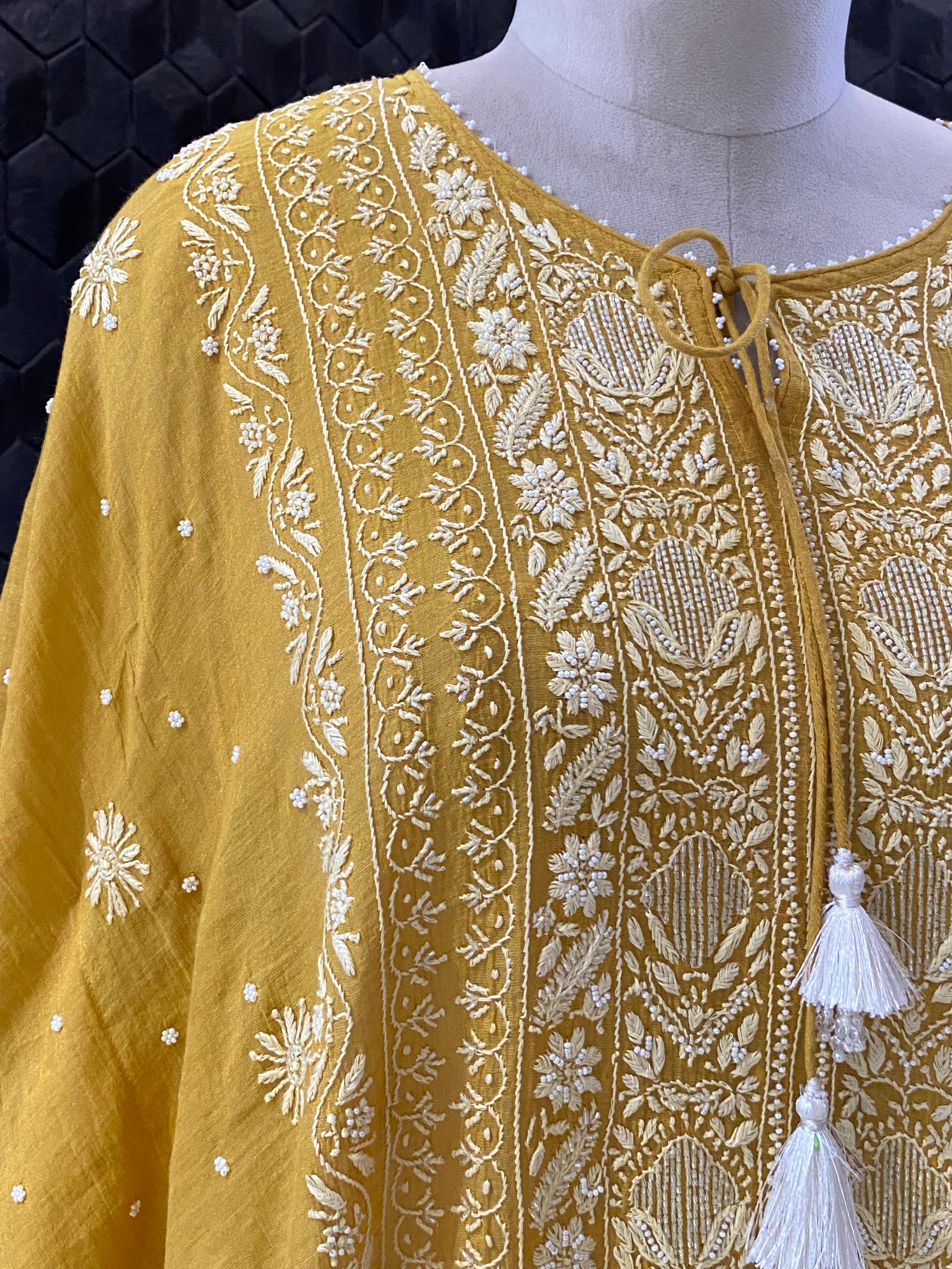 Mustard golden tissue chikankari kaftan