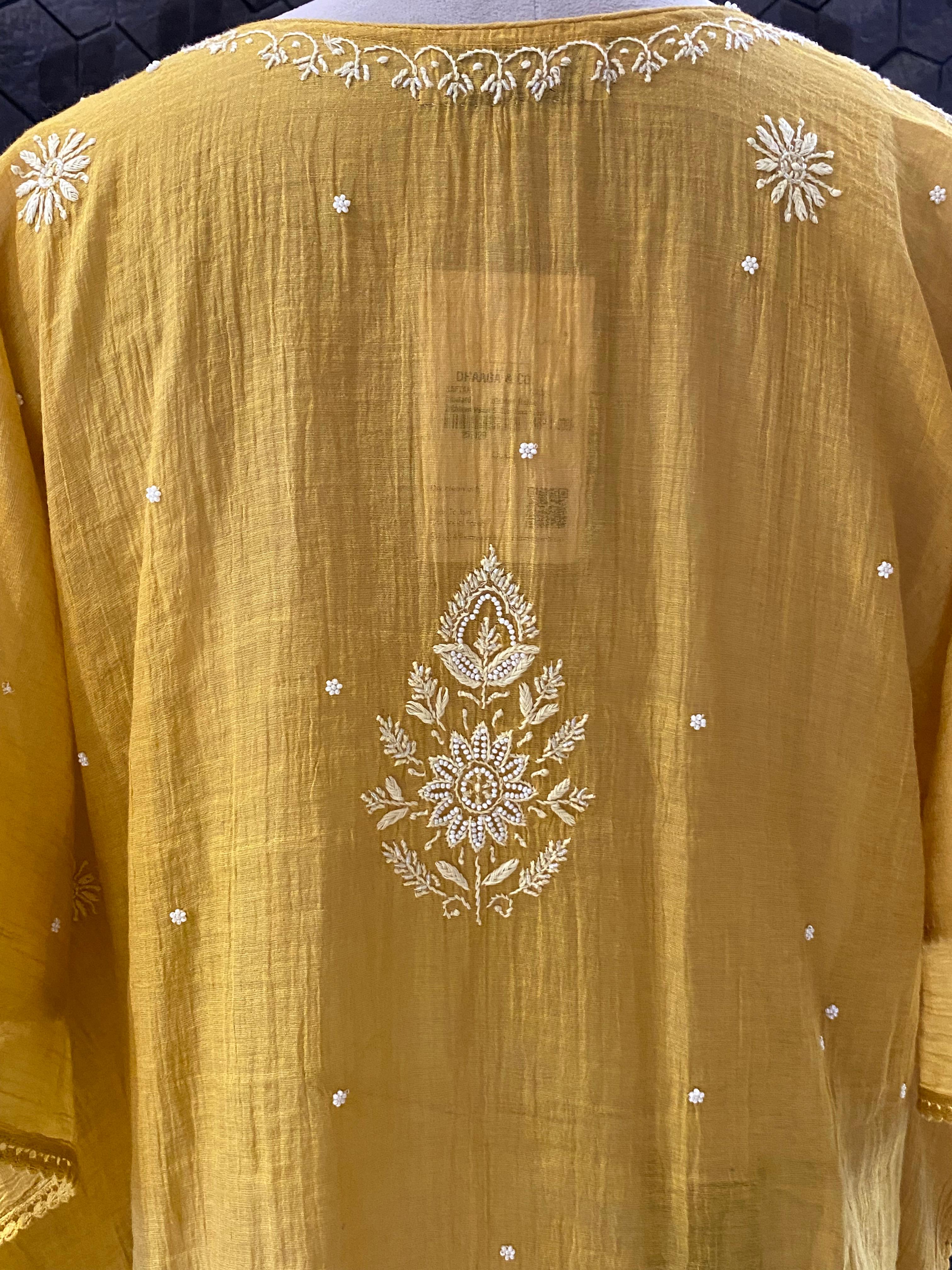 Mustard golden tissue chikankari kaftan