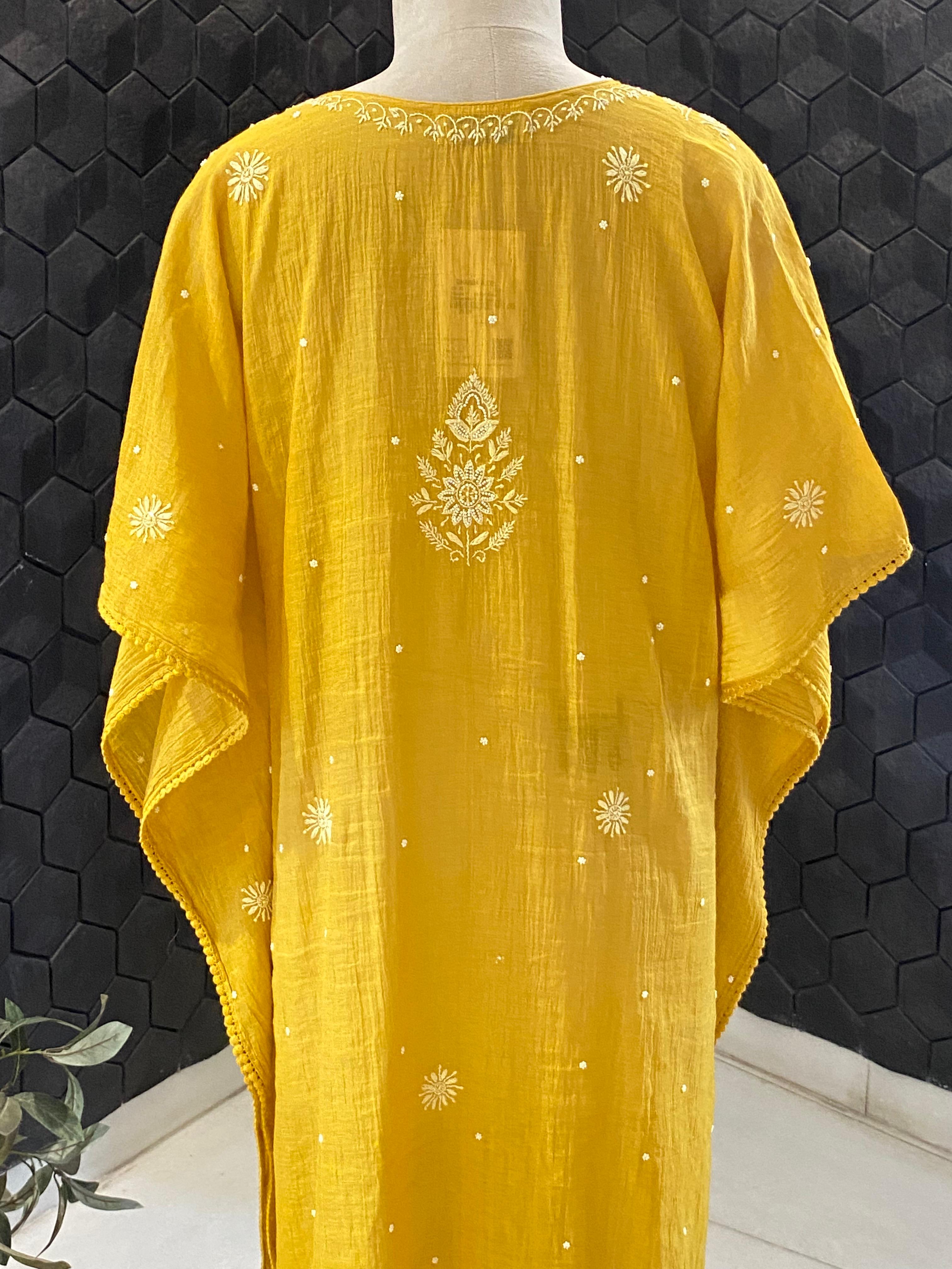 Mustard golden tissue chikankari kaftan
