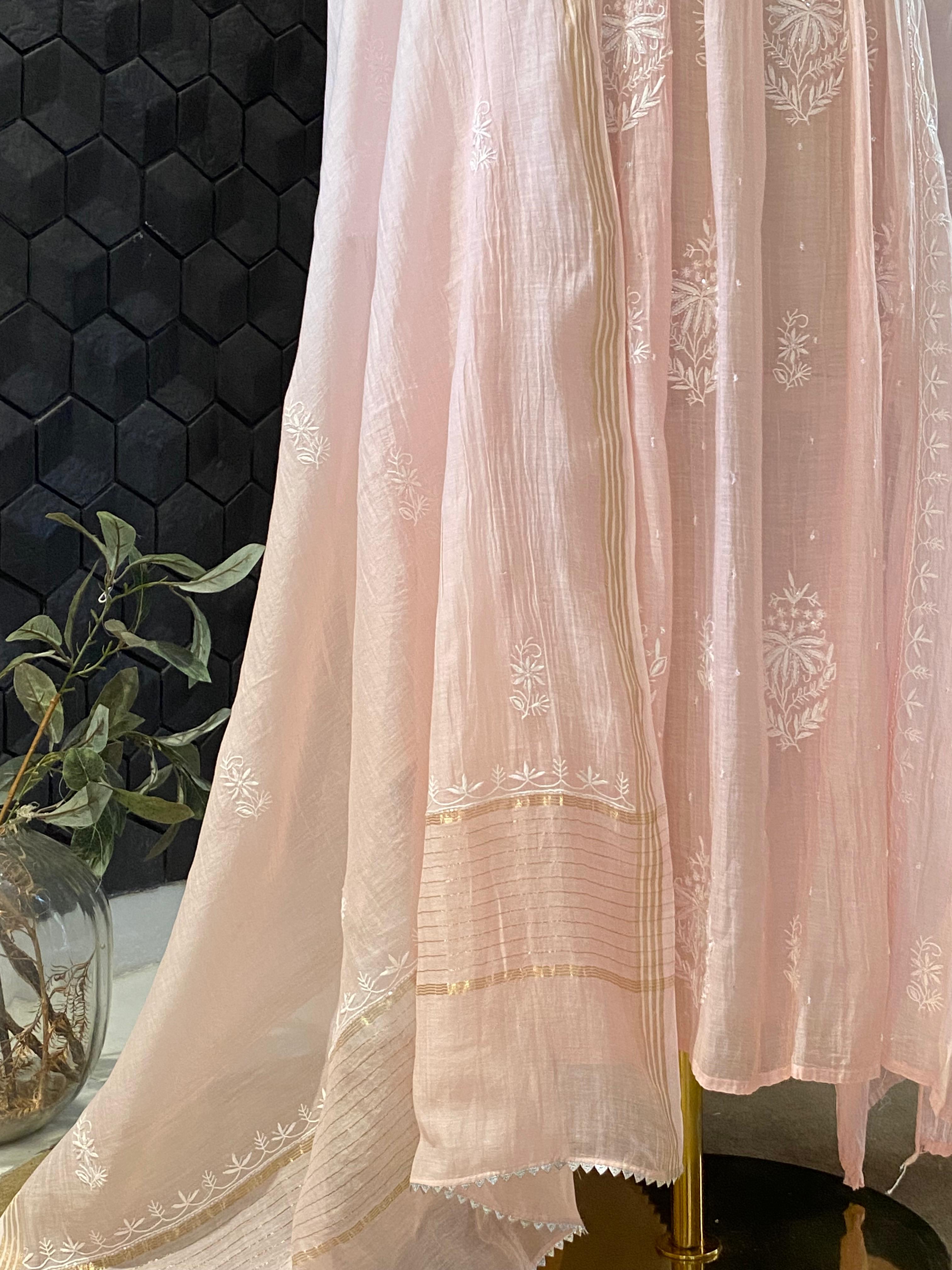 Pink mul chanderi chikankari kurta set