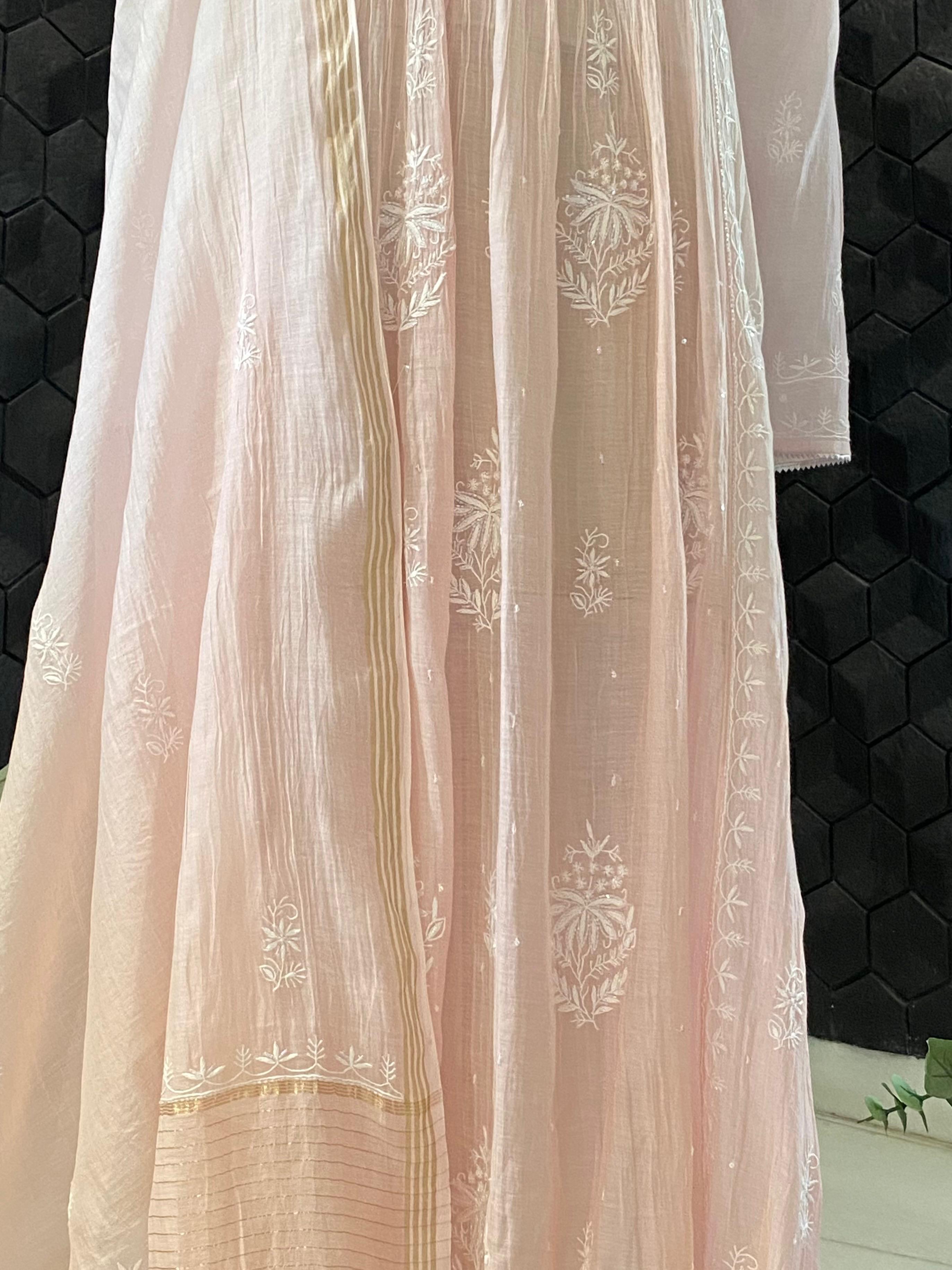 Pink mul chanderi chikankari kurta set