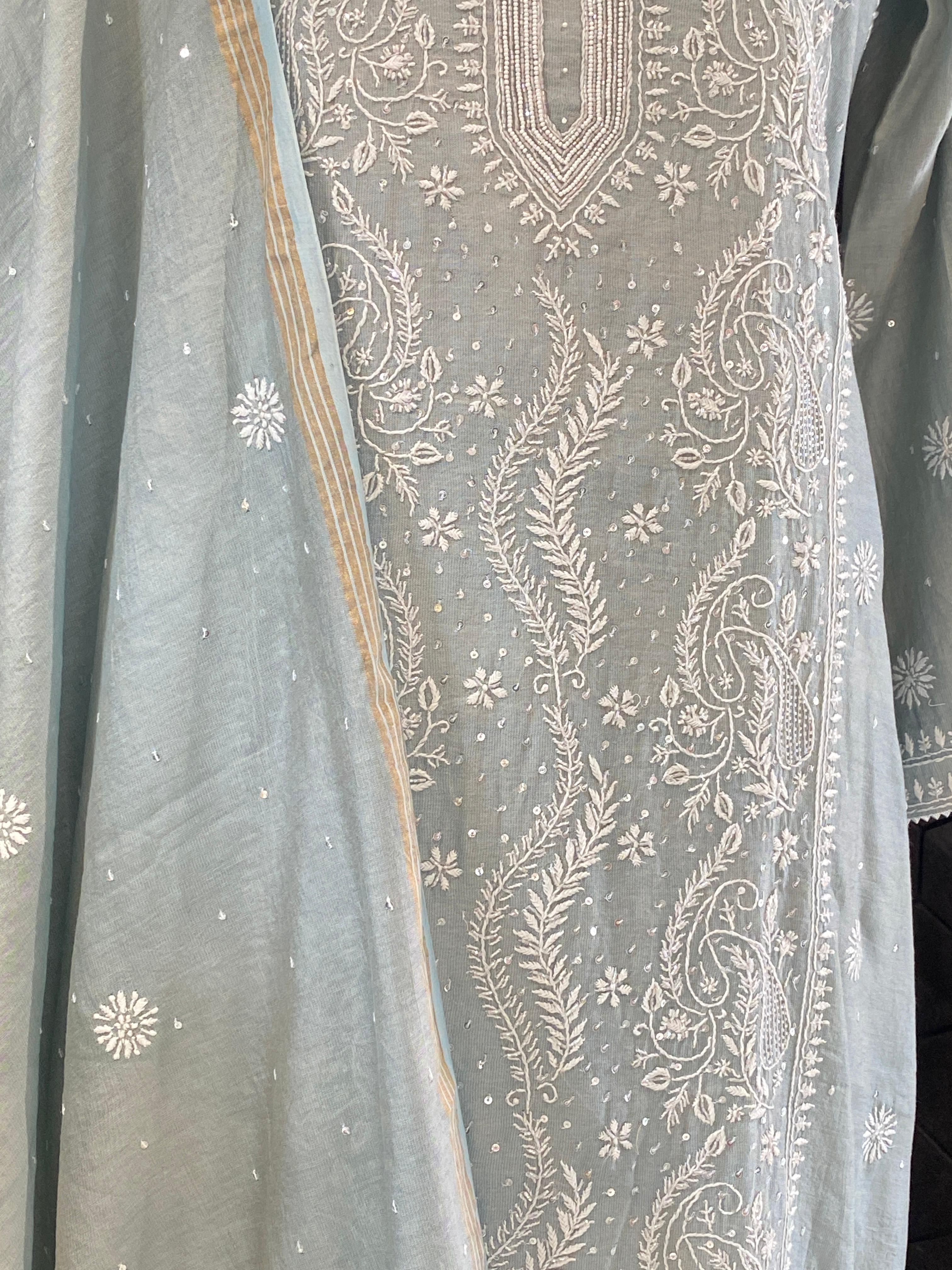 Blue tissue chikankari kurta set