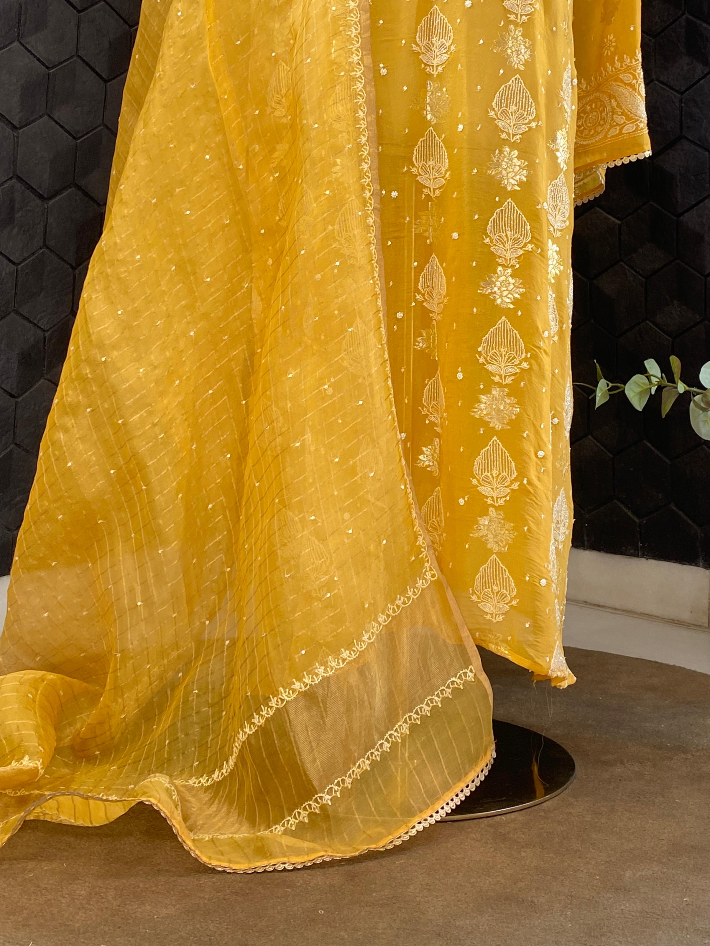 Mustard organza chikankari kurta set