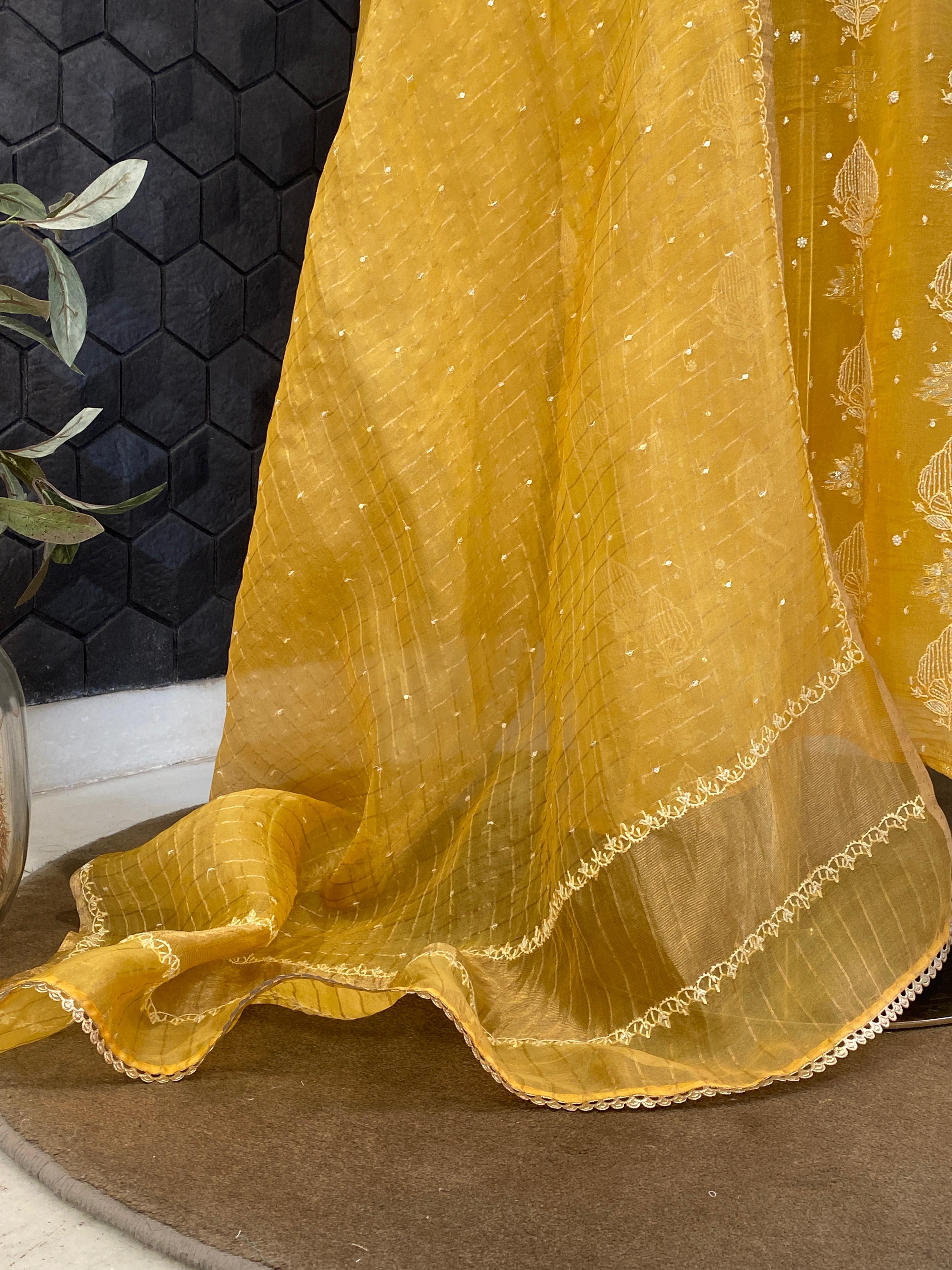 Mustard organza chikankari kurta set