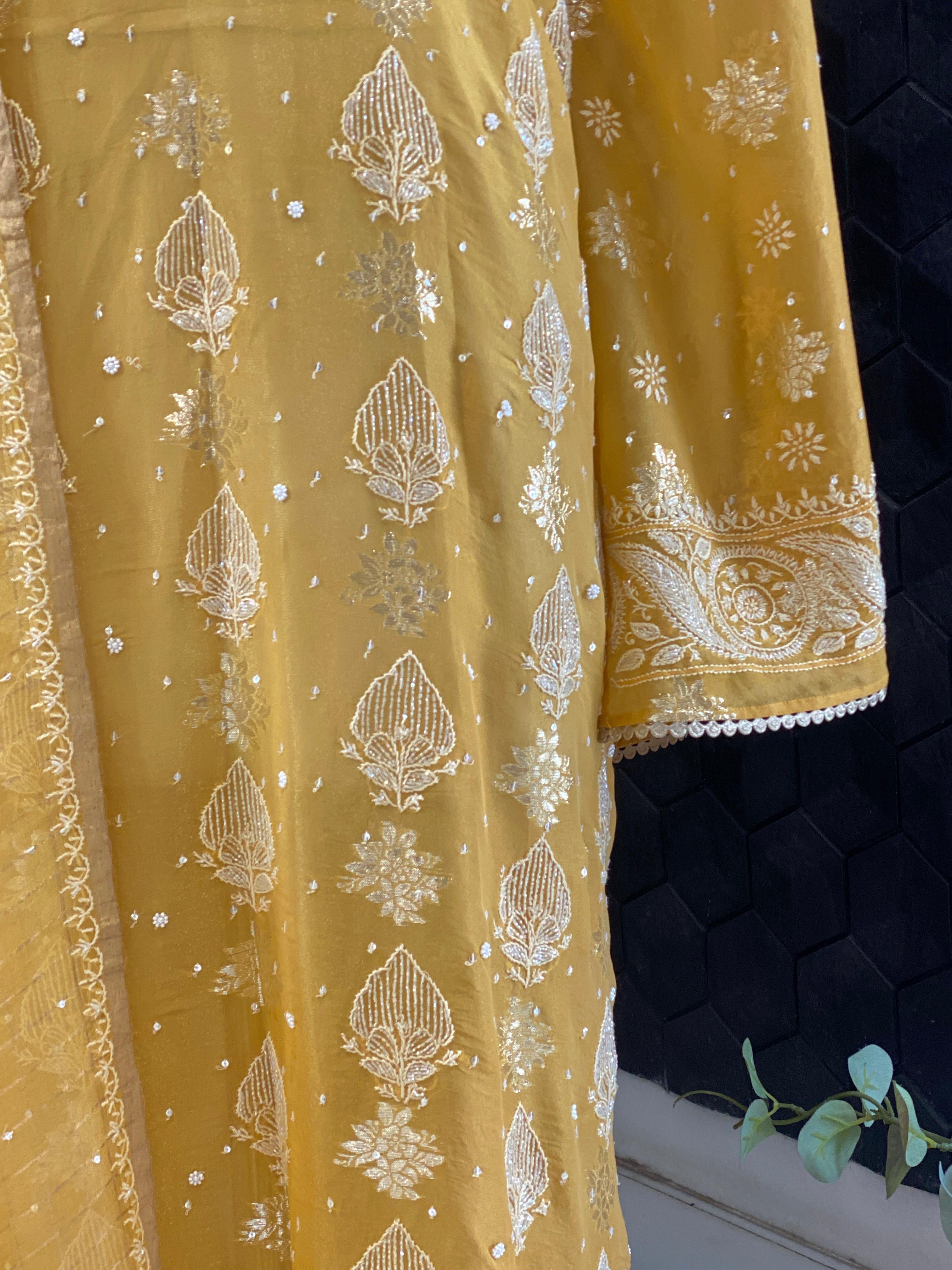 Mustard organza chikankari kurta set