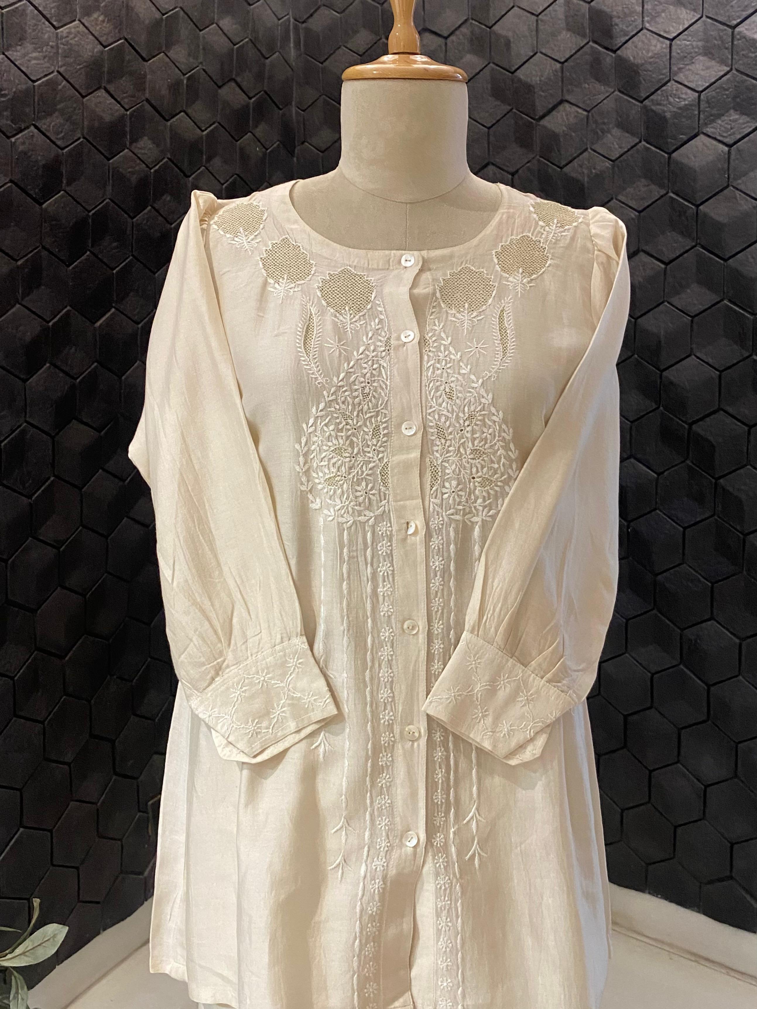 Beige chanderi chikankari co-ord set