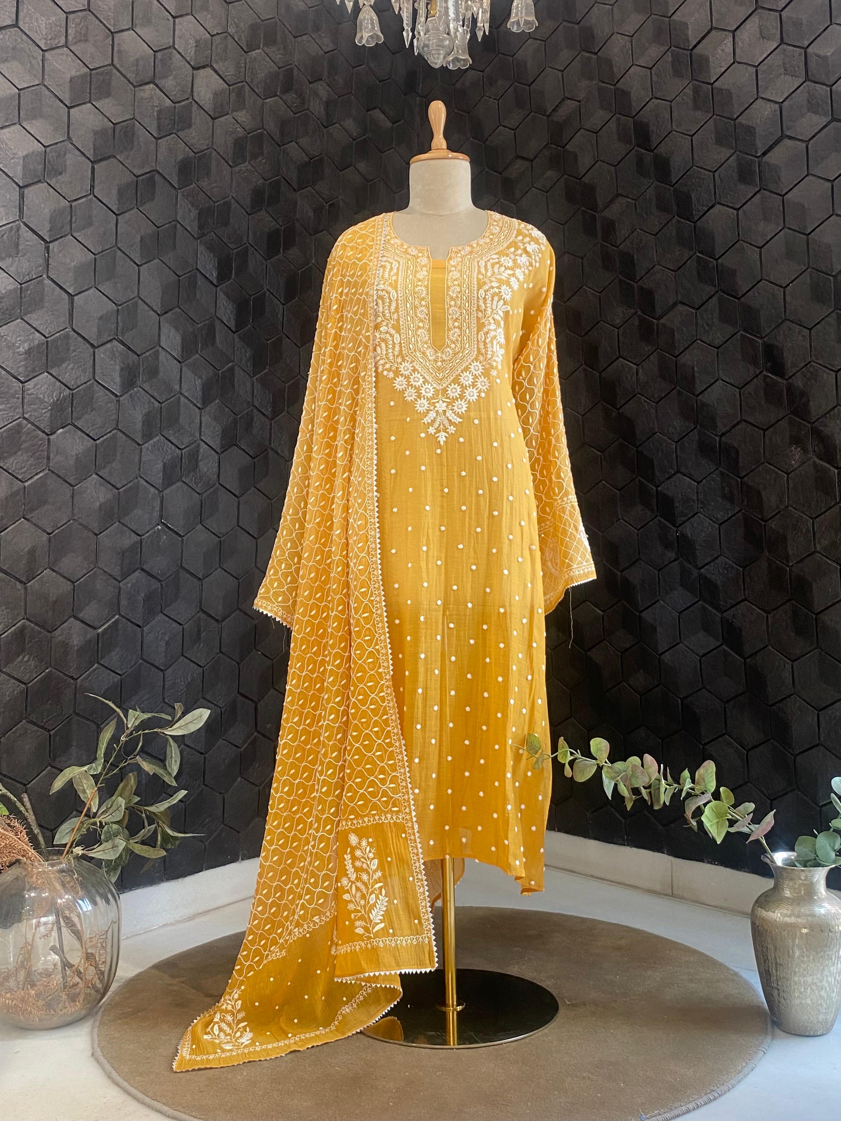 Mustard mul chanderi chikankari kurta set